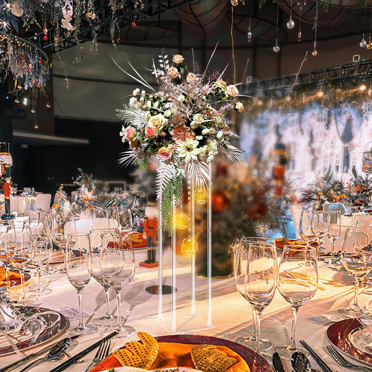 Private Label Clear Acrylic Vases Flower Stand Wedding Centerpieces with Hanging Glass Tealight Globe Candle Holders for Event Party Table Decoration Display Rack Column (2, 32 inch) OEM Wholesale Manufacturer