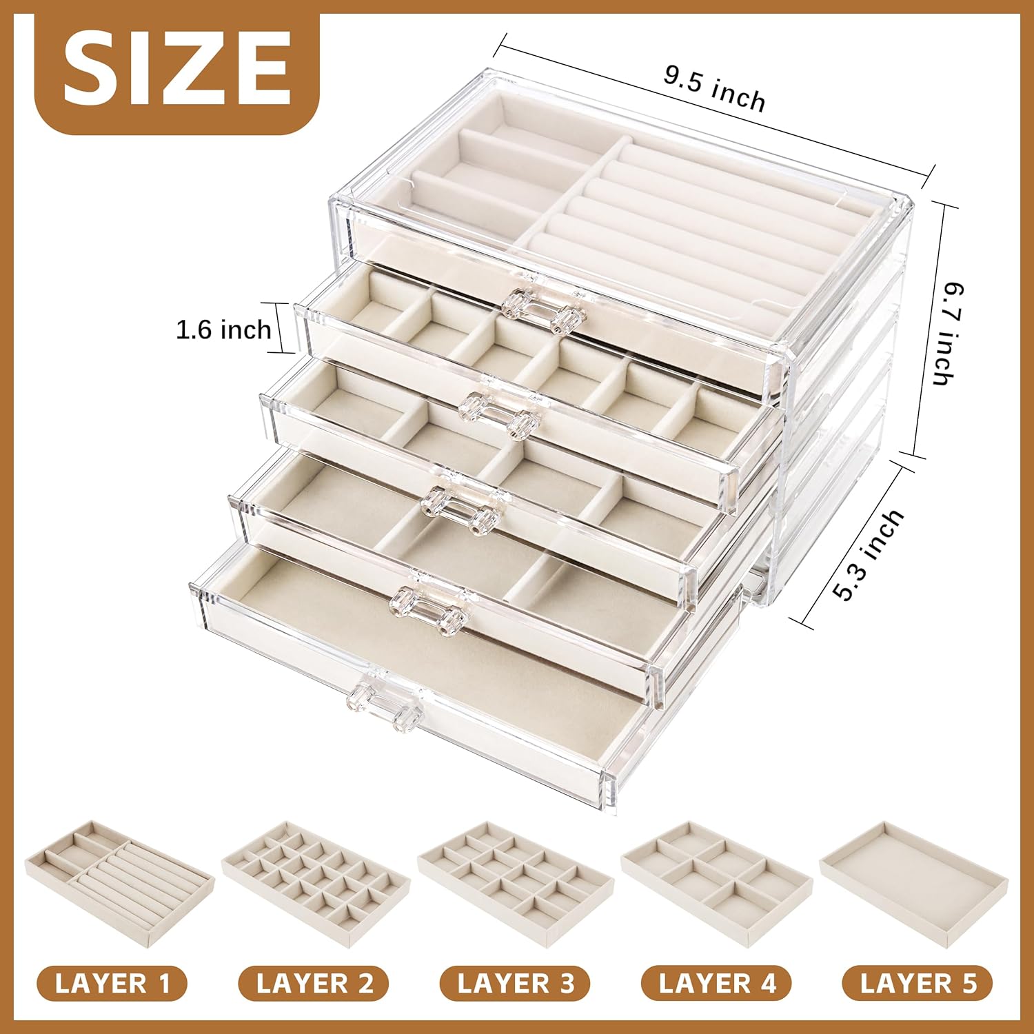 Direct Manufacturer Acrylic Jewelry Organizer with 5 Drawers, Drawer with Velvet Trays, Earring Display for Storage and Gift for Women (Beige) Low MOQ