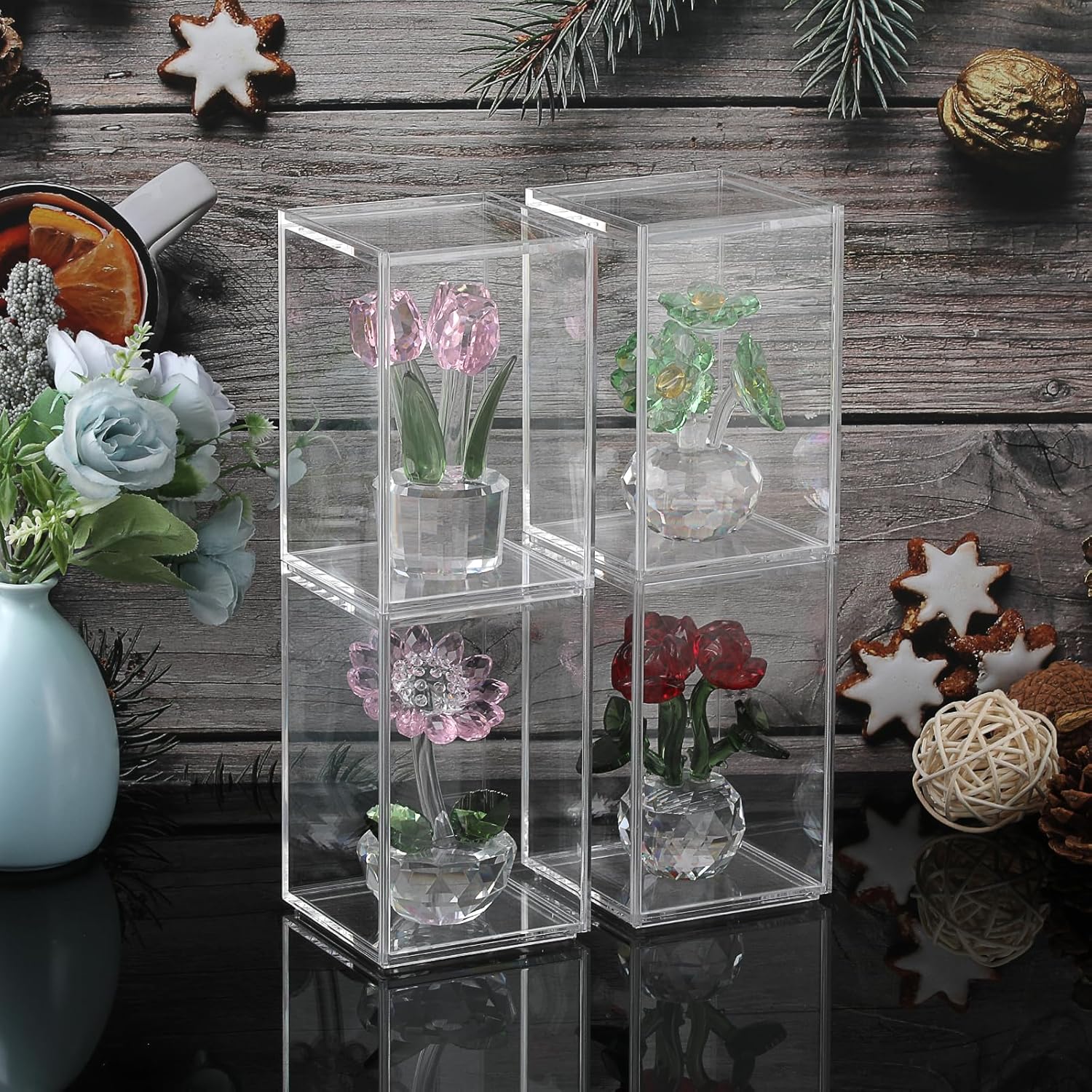 Wholesale OEM ODM JUXYES Pack of 4 Clear Display Case for Mini Action Figures, Acrylic Box With Sliding Door, Stackable Cube Small Showcase, Free Standing Collectibles Protection Factory & Supplier