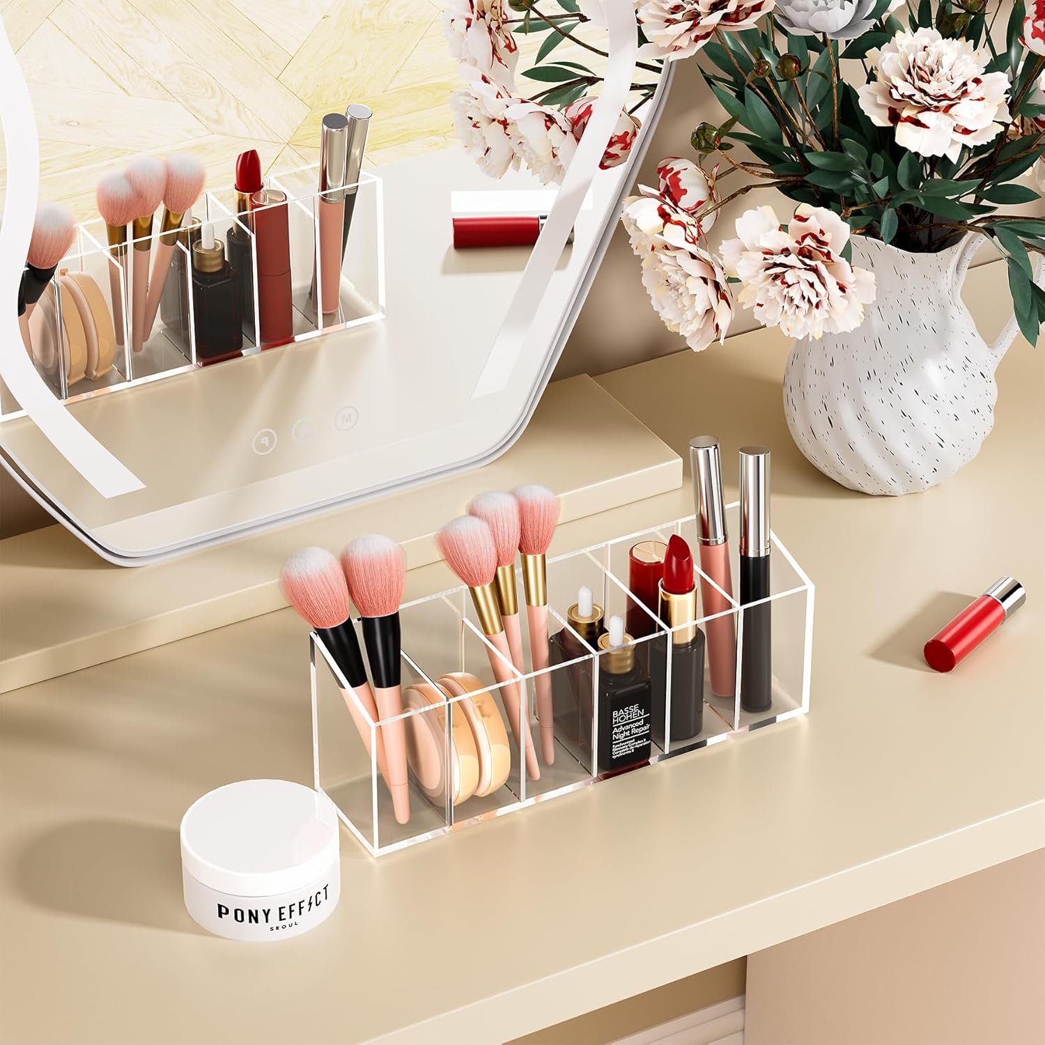 Private Label Acrylic 6-Compartment Makeup Organizer 2PCS, Transparent Plastic Makeup Brush Holder, Perfect Bathroom Vanity Storage Solution for Makeup Brushes, Eyebrow Pencils, and More Factory Direct Price