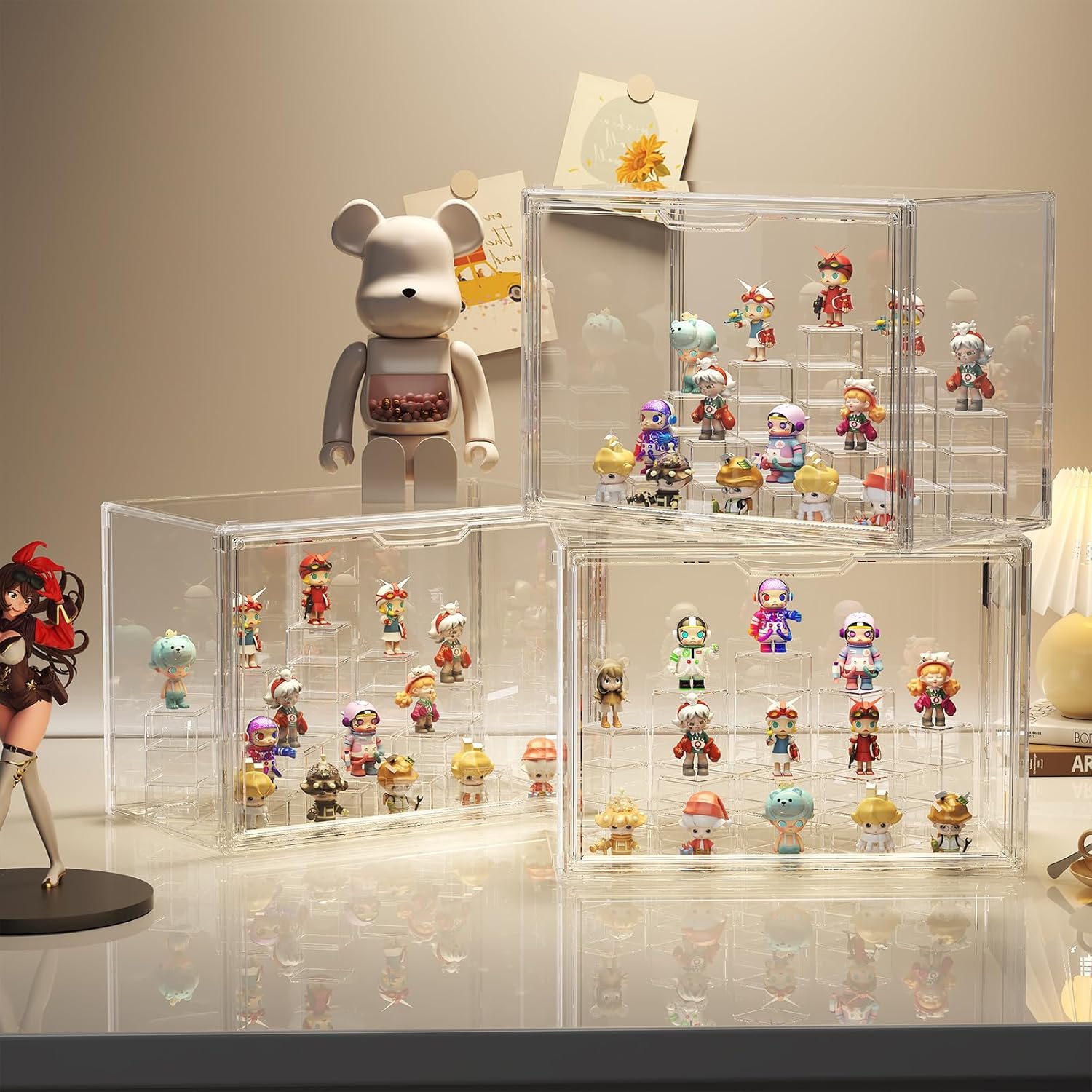 Wholesale OEM ODM JOYZAN Acrylic Display Case 2 Pack Display Boxes for Collectibles, Figure Display Case with Magnetic Door, Stackable Clear Box with Moveable Cylindrical Modules for Popmart, Funko, Doll Factory & Supplier