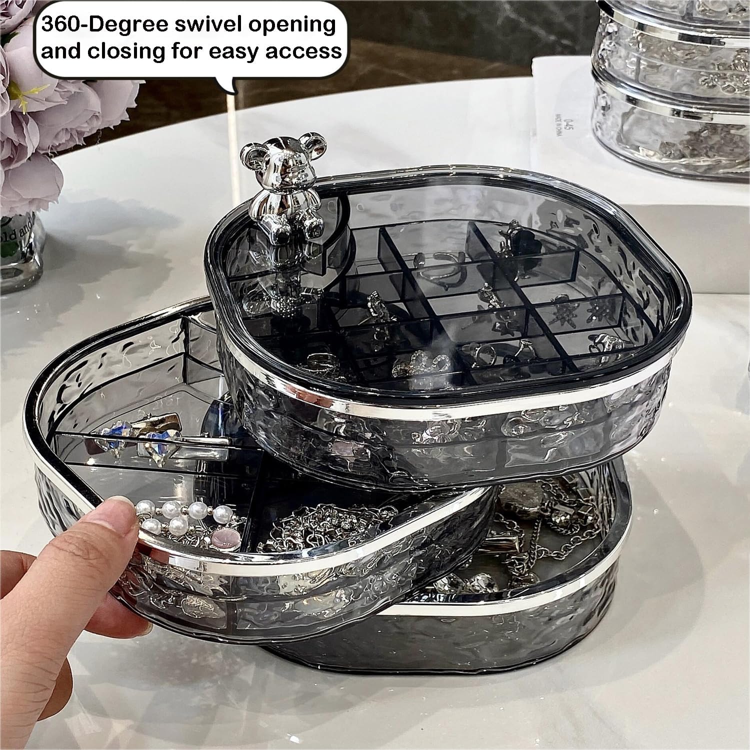 Direct Manufacturer Jewelry Organizer, 3 Layers Rotating Jewelry Box, Small Jewellery Box, Earring Holder with Lid for Earring Organizer, Various Compartments for Rings, Earrings, Necklace, Bracelets, Clear/Grey Low MOQ