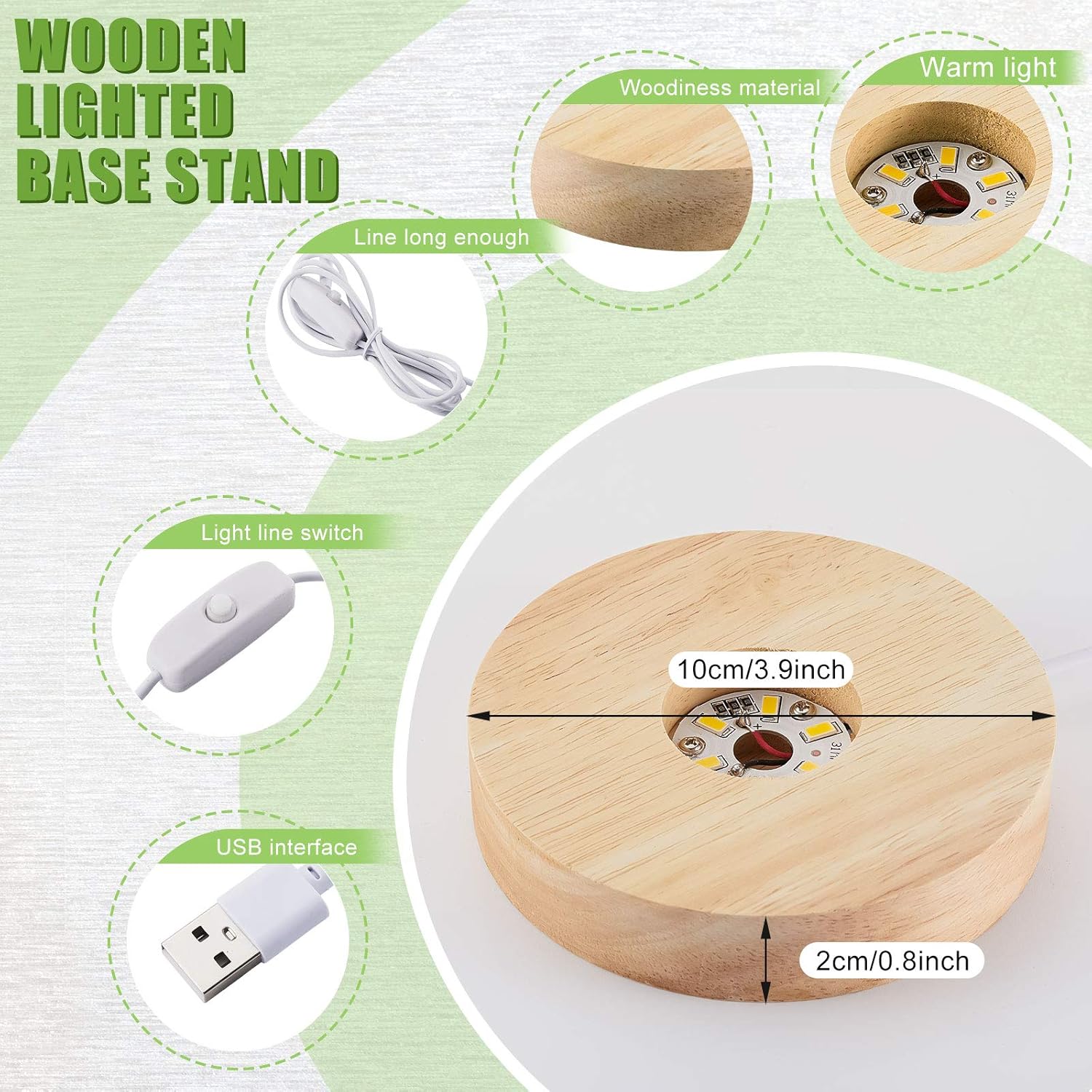 Private Label Honoson 4 Pcs LED Display Base Wooden LED Base Wood Light Display for Crystal Lighted Stand for Glass 3D Glass Resin Art(Round) OEM Wholesale Manufacturer