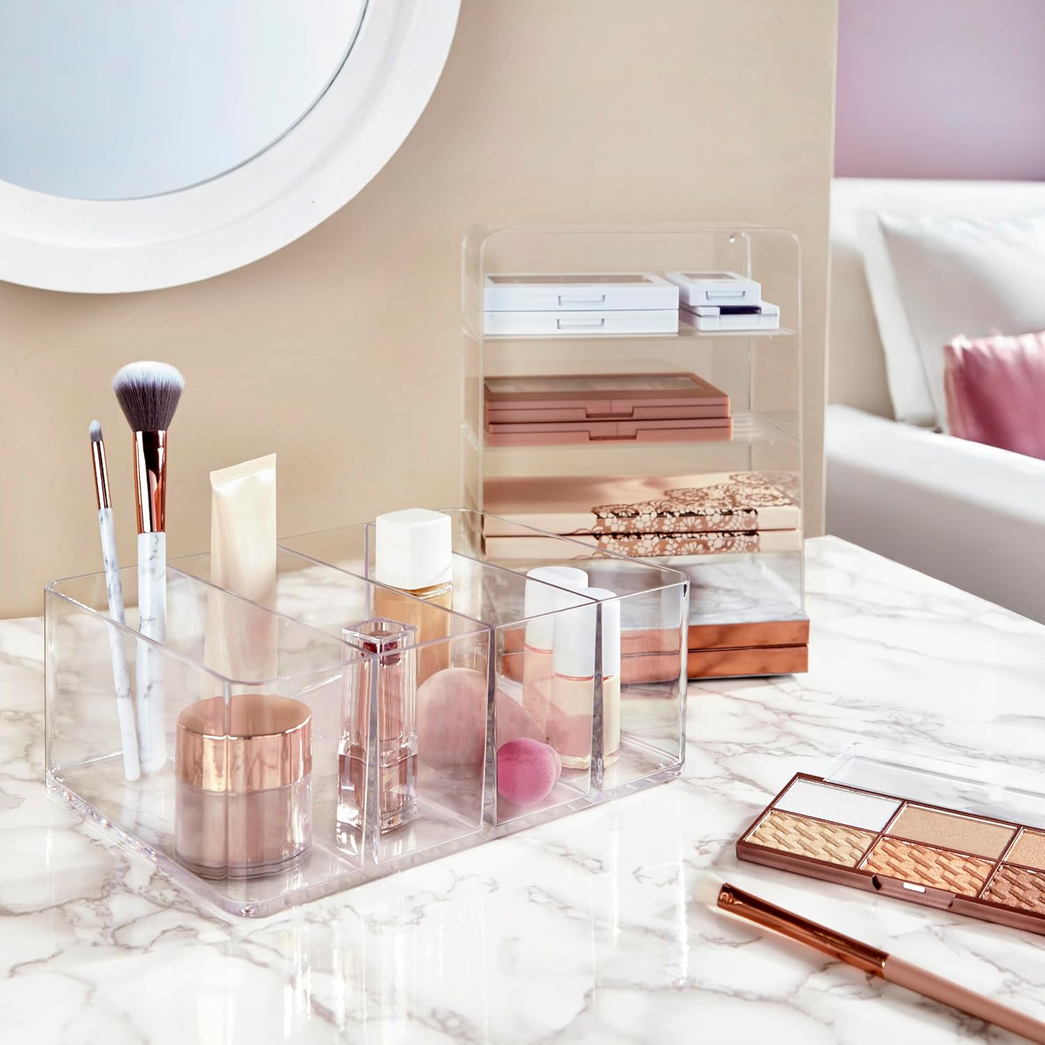 Private Label STORi 4-Compartment Clear Plastic Organizer, Rectangular Divided Makeup and Vanity Storage Bin, Use Upright for Eyeshadow Palettes, Made in USA Custom Logo Service
