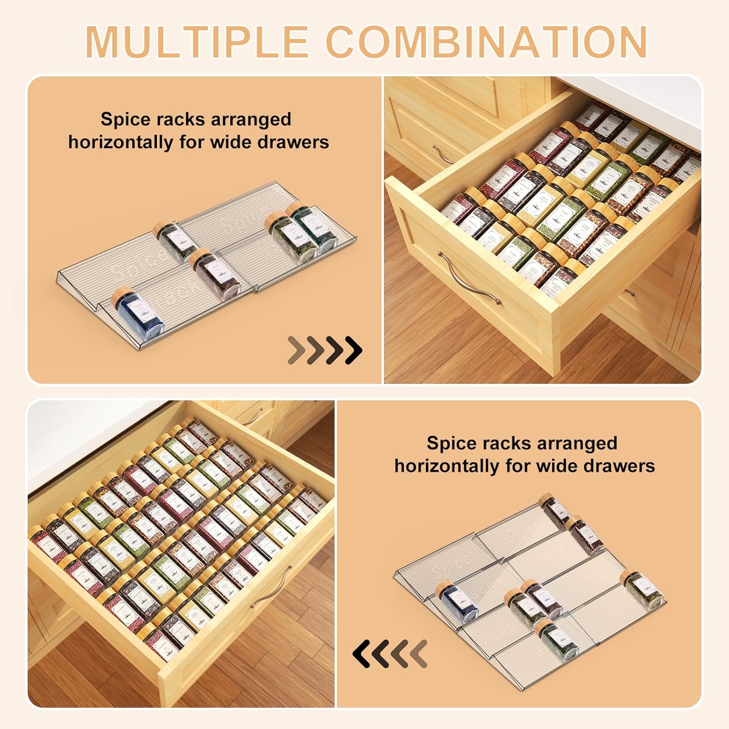 Private Label 24 Spice Jars with Spice Drawer Organizer, 355 Spice Labels, 4 Pack Expandable From 11'' to 21'' Acrylic Spice Rack for Drawer, Seasoning Containers Storage Organization for Kitchen Cabinet Countertop Dropshipping Friendly