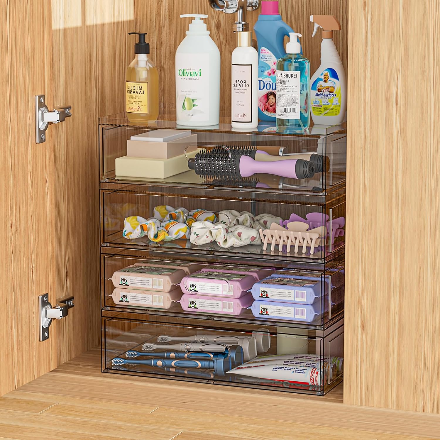 Private Label Clear Stackable Makeup Organizer with Drawer, 12''W Acrylic Storage Drawers, Cosmetic Display Case for Vanity Bathroom Countertop, Beauty Holder for Lipstick Brush Skincare Perfume Factory Direct Price