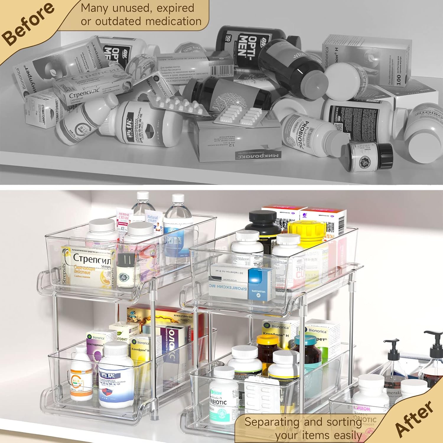 Private Label HIHEGD 2-Tier Bathroom Organizer with Dividers, Clear Under Sink and Pull-Out Cabinet Organizer for Kitchen and Pantry Storage Factory Direct Price