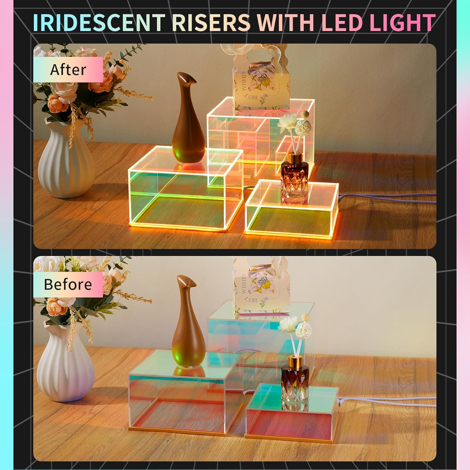 Private Label 3Pcs Iridescent Acrylic Display Risers with LED light, Acrylic Cube Box Rainbow Display Stand with Hollow Bottoms for Figures Dessert Jewelry Perfume Handbag Ecommerce Ready Product