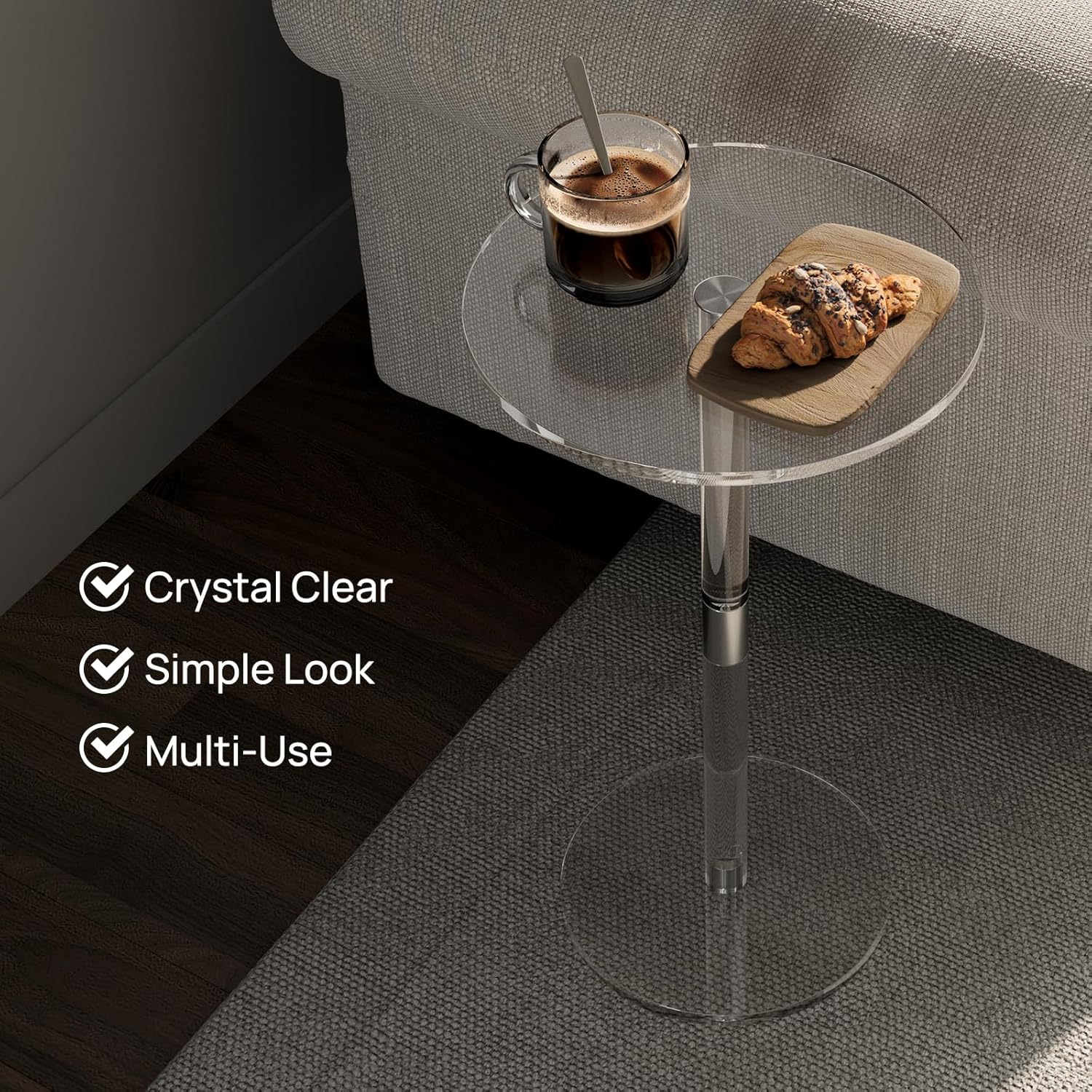 Private Label HMYHUM Acrylic Drink Table for Small Spaces, 11.8" L x 11.8" W x 21.3" H, Clear Pedestal Side Table for Living Room, Round, Easy Assembly OEM Wholesale Manufacturer