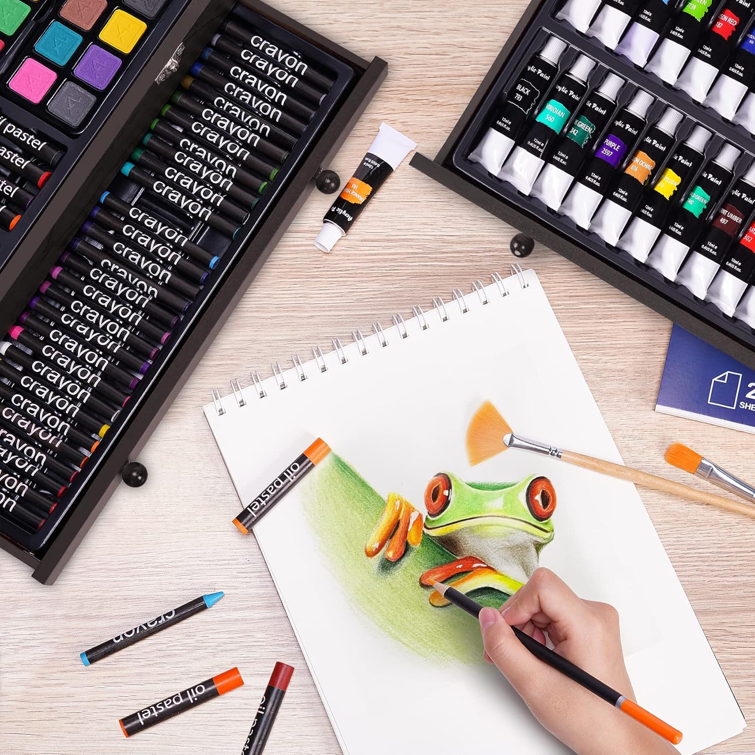 ODM 175 Piece Deluxe Art Set with 2 Drawing Pads, Acrylic Paints,Crayons,Colored Pencils,Paint Set in Wooden Case,Professional Art Kit,Art Supplies for Adults,Teens and Artist,Paint Supplies Custom Mold Development
