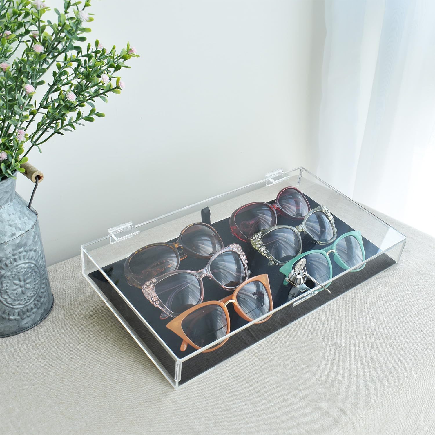 Private Label MOOCA Acrylic Rectangular Marketing Holder Locking Security Showcase Safe Box Display Tray, Perfect for Watches Jewelry, Knives, Eyewear with a Key and a Black Padding Custom Mold Development