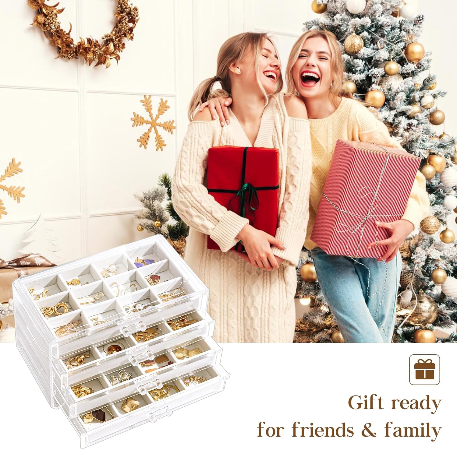 Direct Manufacturer Lolalet Earring Holder Organizer Box Jewelry Storage with 4 Drawers, Clear Acrylic Stackable Earring Case with Adjustable Velvet Trays for Women on Dresser Vanity -Warmwhite, 4 Layers Low MOQ