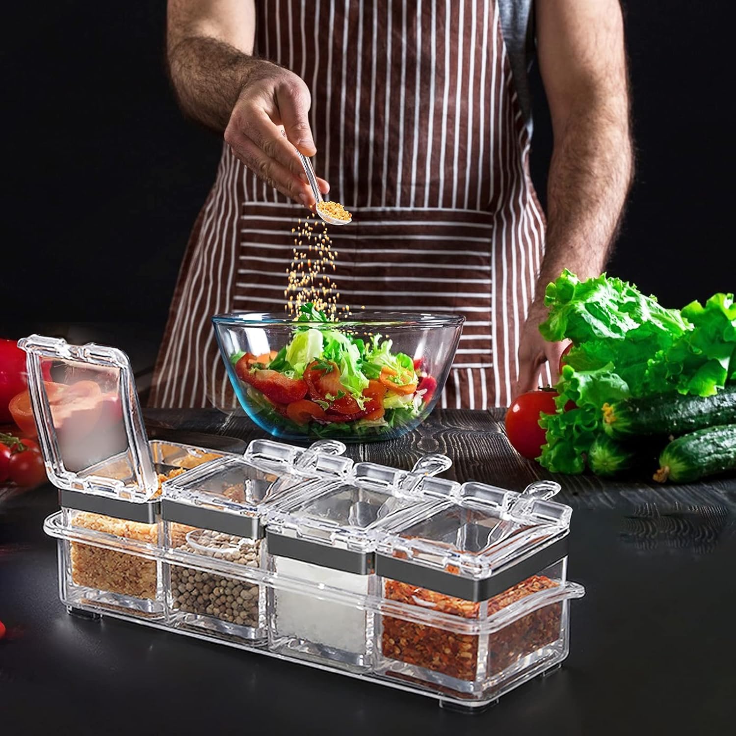 Private Label Acrylic Seasoning Box Set, 4 Piece Clear Premium Quality Storage Rack Spice Pots Condiment Jars for Salt Sugar Cruet Kitchen Organization Containers with Cover and Spoon Dropshipping Friendly