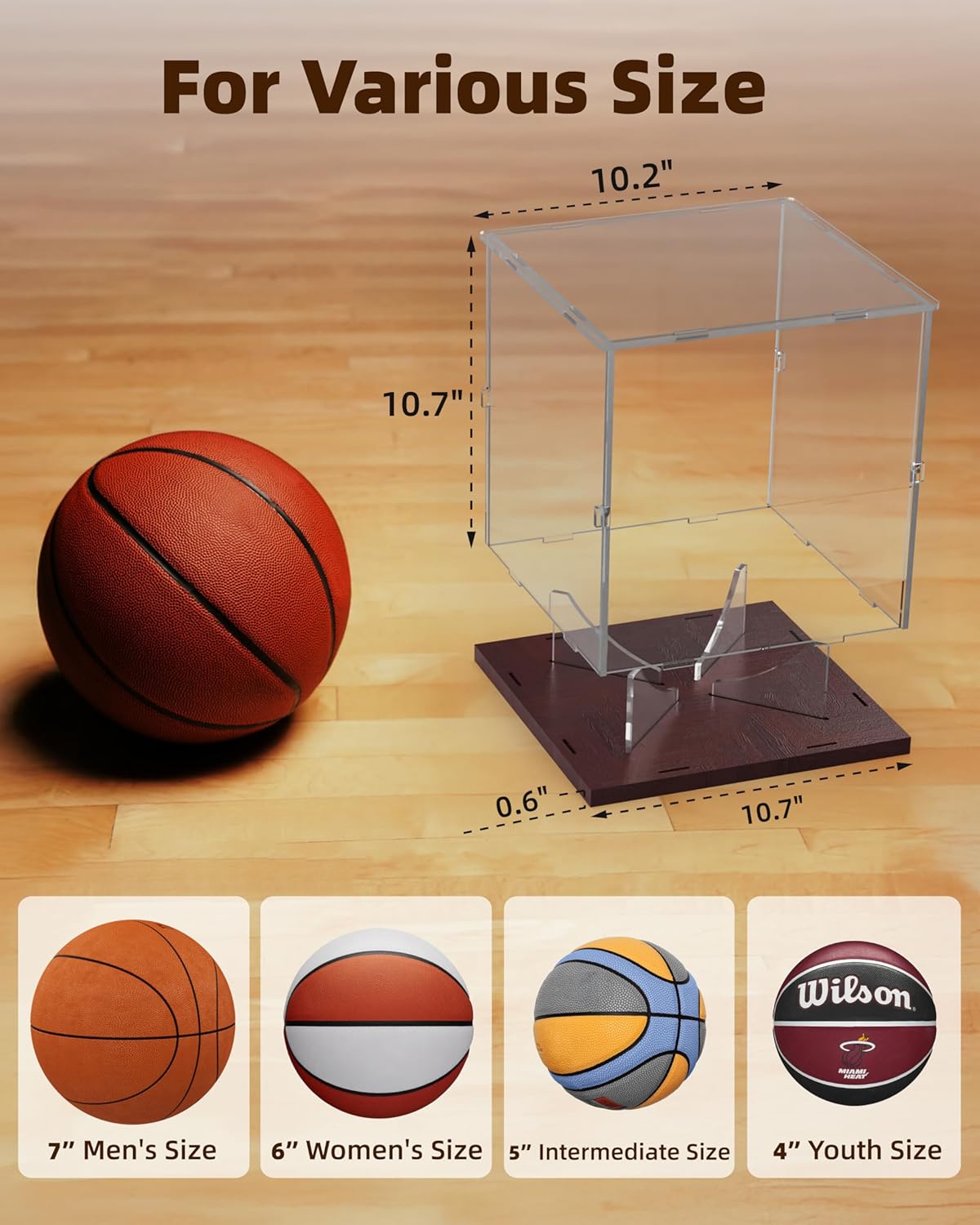 ODM Basketball Display Case Acrylic Clear, UV Protected Basketball Stand Box Full Size with Solid Wood Base, Soccer Display for Autographed Standard NBA WNBA Ball Memorabilia Keepsake, Ideal Gift Custom Logo Service