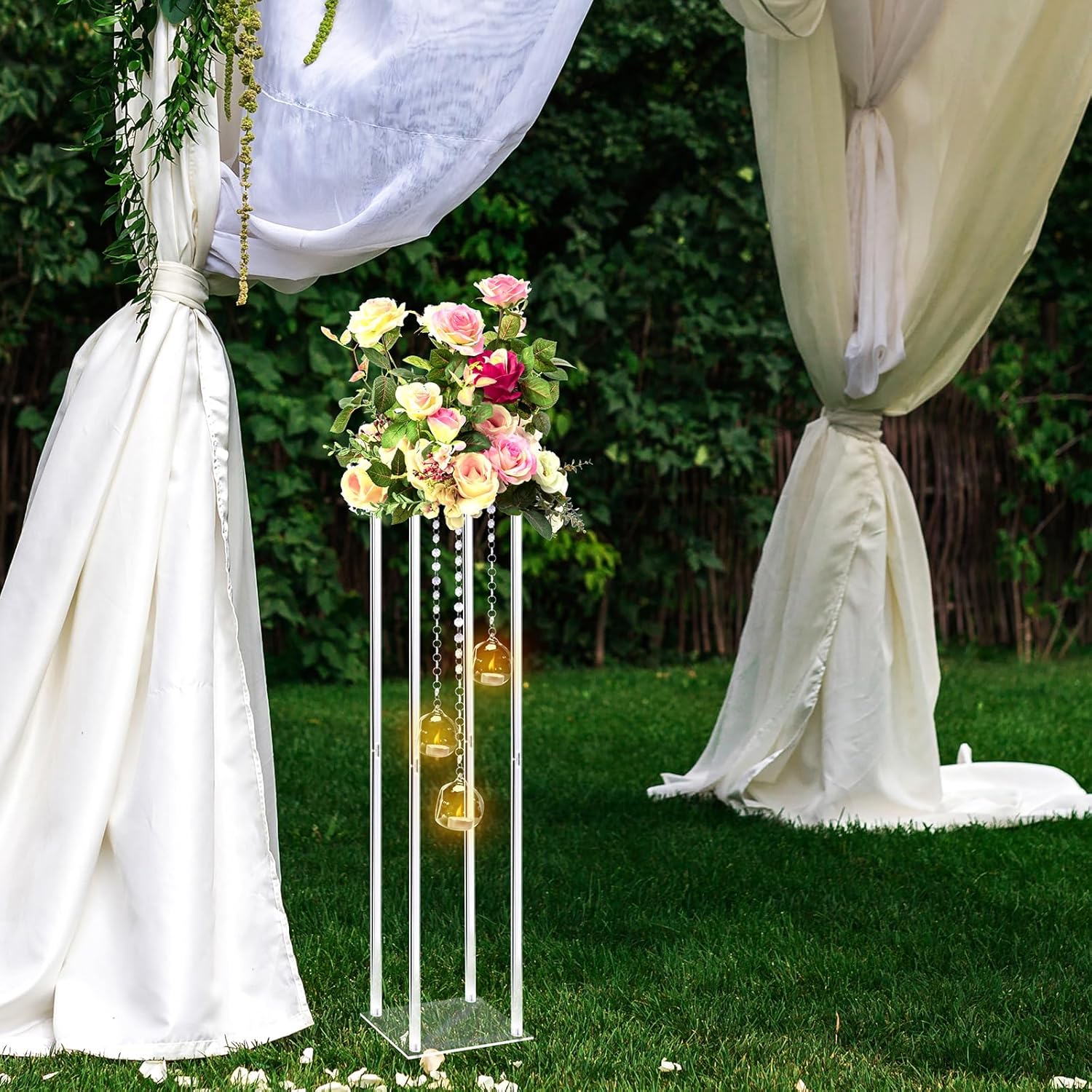 Private Label Clear Acrylic Vases Flower Stand Wedding Centerpieces with Hanging Glass Tealight Globe Candle Holders for Event Party Table Decoration Display Rack Column (2, 32 inch) OEM Wholesale Manufacturer