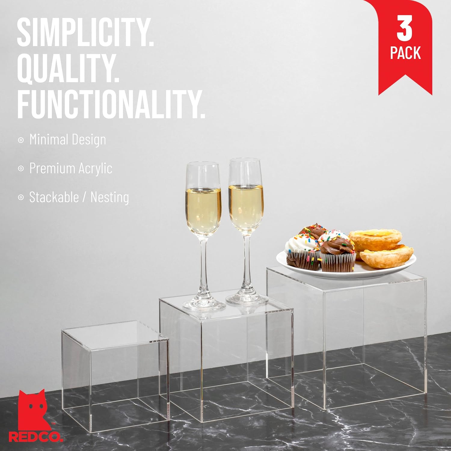 ODM Red Co. Crystal Clear Acrylic Cube Display Nesting Riser Stands with Hollow Bottoms | Transparent - 3-Pack Custom Logo Service