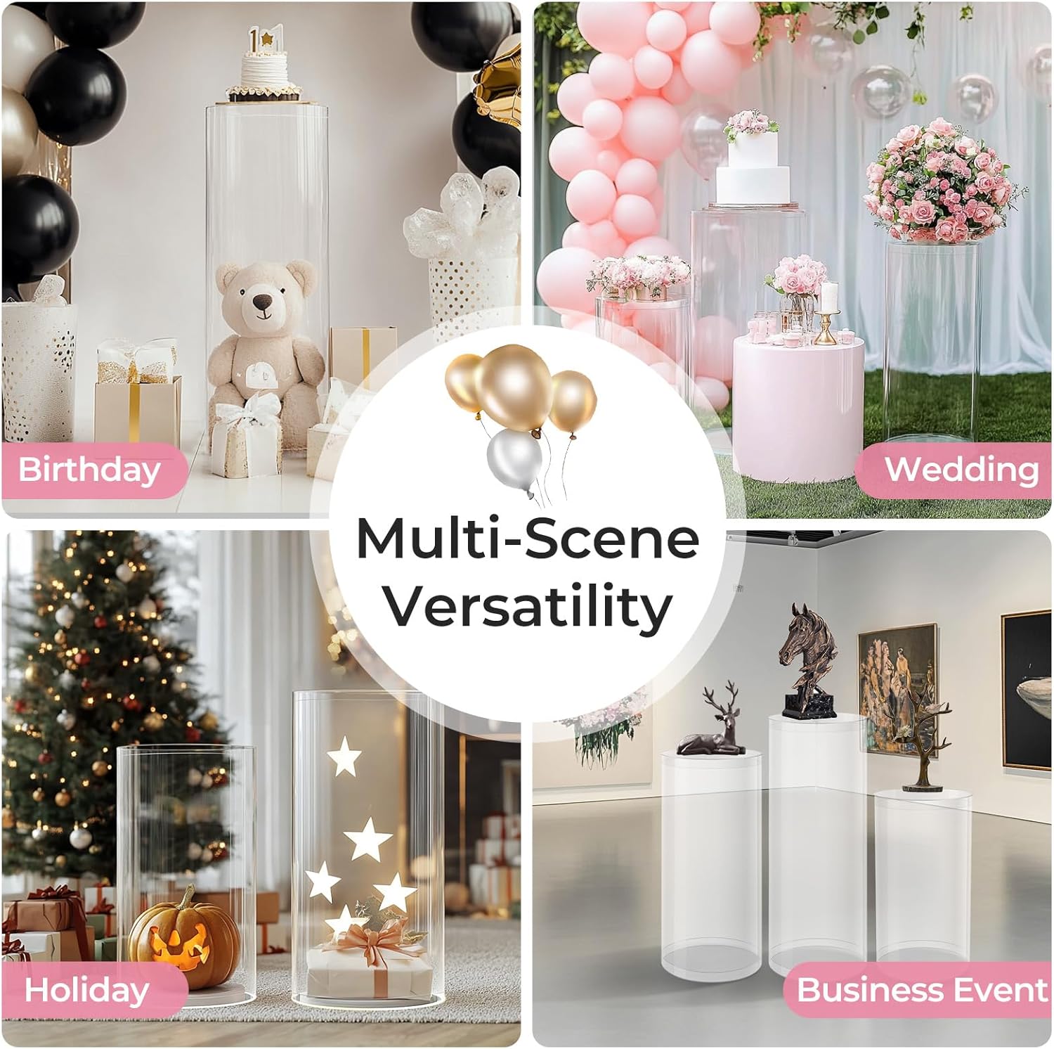Private Label Cylinder Pedestal Stands for Party – 3 Pcs Clear Acrylic Display Pedestals for Wedding, Birthday, Party and Event Decoration – 35.4''H, 29.5''H, 23.6''H OEM Wholesale Manufacturer