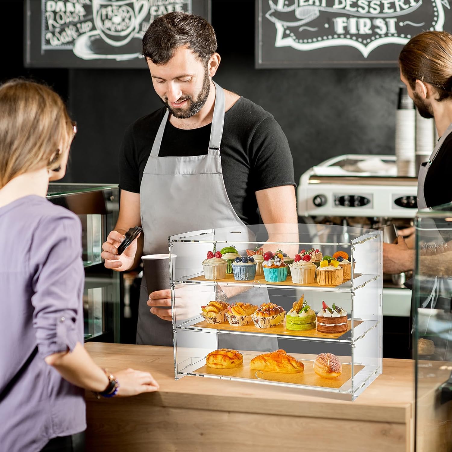 Wholesale OEM ODM 3 Tier Bakery Pastry Display Case,Clear Acrylic Display Case,Commercial Countertop Cabinet with Chalkboard and Brown Paper for Bread Cookie Cupcake Party Event Stores Factory & Supplier