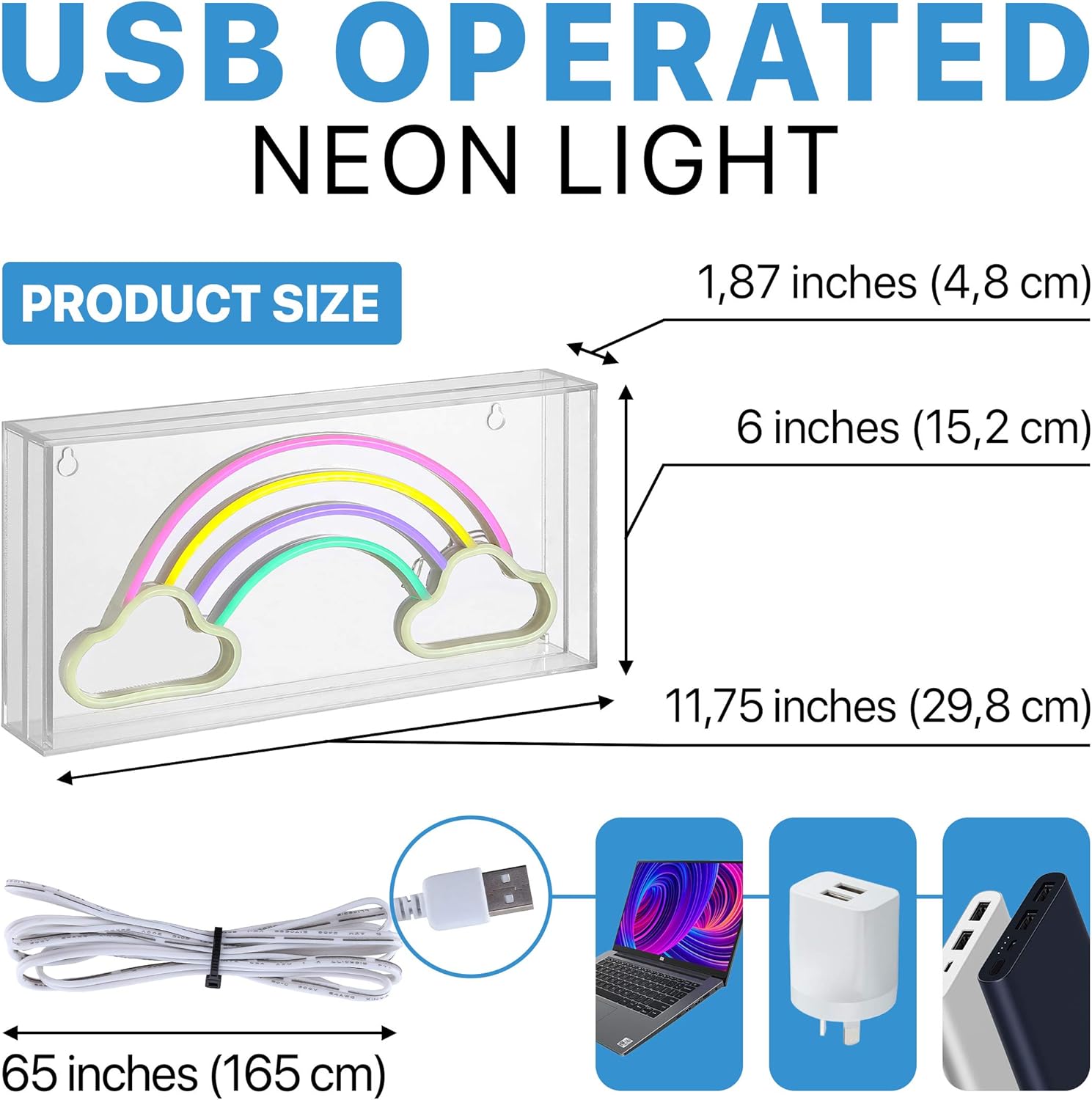 Private Label JONATHAN Y NEN1004A Rainbow 11.75" Contemporary Glam Acrylic Box USB Operated LED Neon Light, Multi-Colored Plug in Wall Light for Bedroom Wall Décor, Kids Bedroom, Party Supplier Ecommerce Ready Product