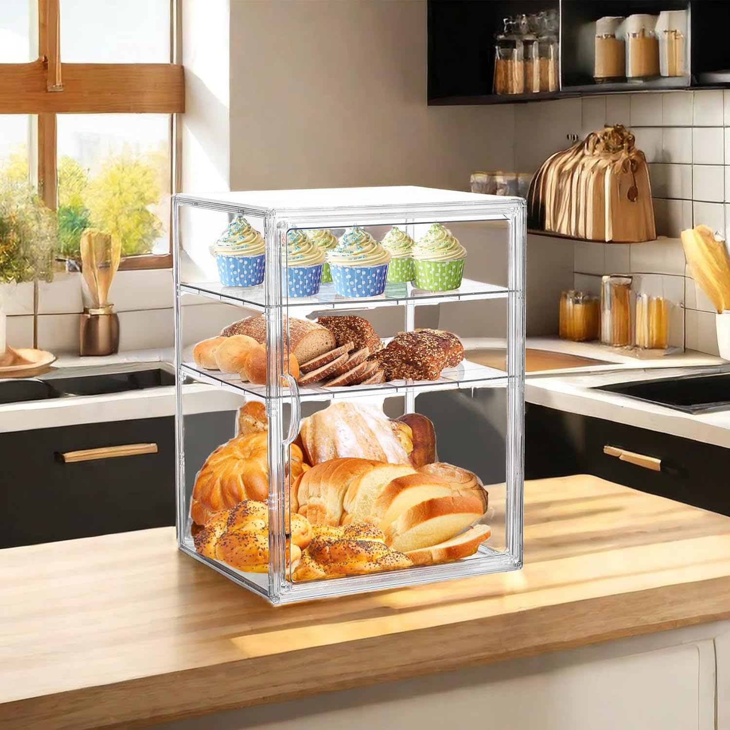 Wholesale OEM ODM Bread Box for Kitchen Countertop Pastry Display Case 4 Layers Adjustable Clear Bread Storage Container with Magnetic Door Bread Box Bakery Display Case Bread Holder Factory & Supplier