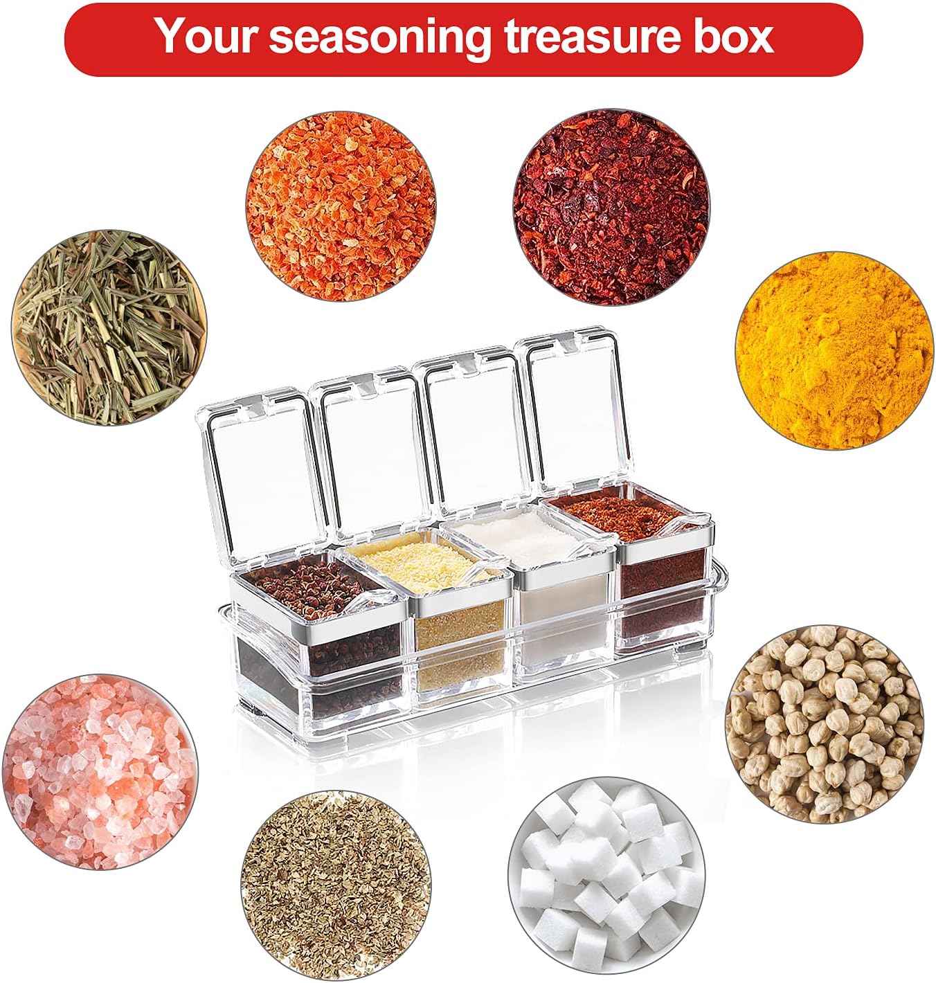 Private Label Acrylic Seasoning Box Set, 4 Piece Clear Premium Quality Storage Rack Spice Pots Condiment Jars for Salt Sugar Cruet Kitchen Organization Containers with Cover and Spoon Dropshipping Friendly