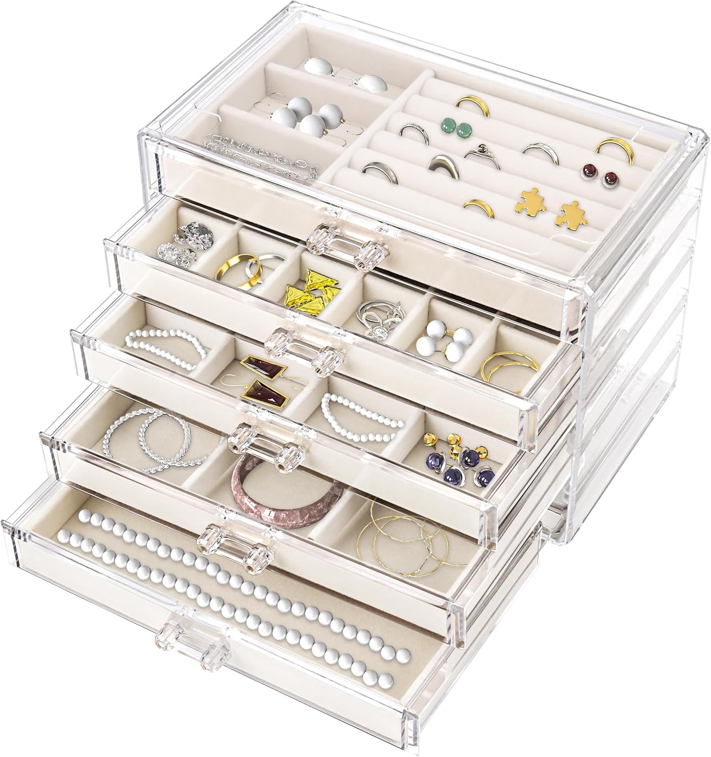 Acrylic Jewelry Organizer with 5 Drawers, Drawer with Velvet Trays, Earring Display for Storage and Gift for Women (Beige)