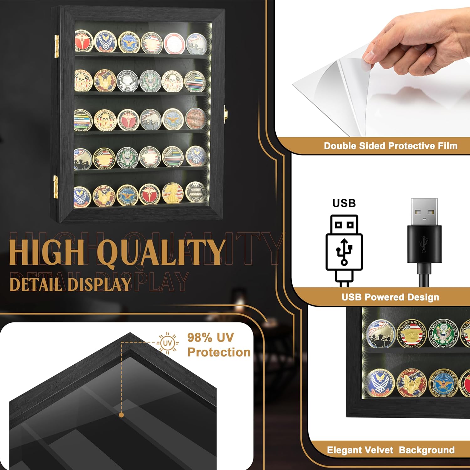 Private Label Military Challenge Coin Display Case with LED 11x14IN, Medal Shadow Box with HD Acrylic Glass, Removable 2 Groove Shelves, Wall Mount Coin Collection Holder for Casino Poker Chips Exquisite Souvenirs Ecommerce Ready Product