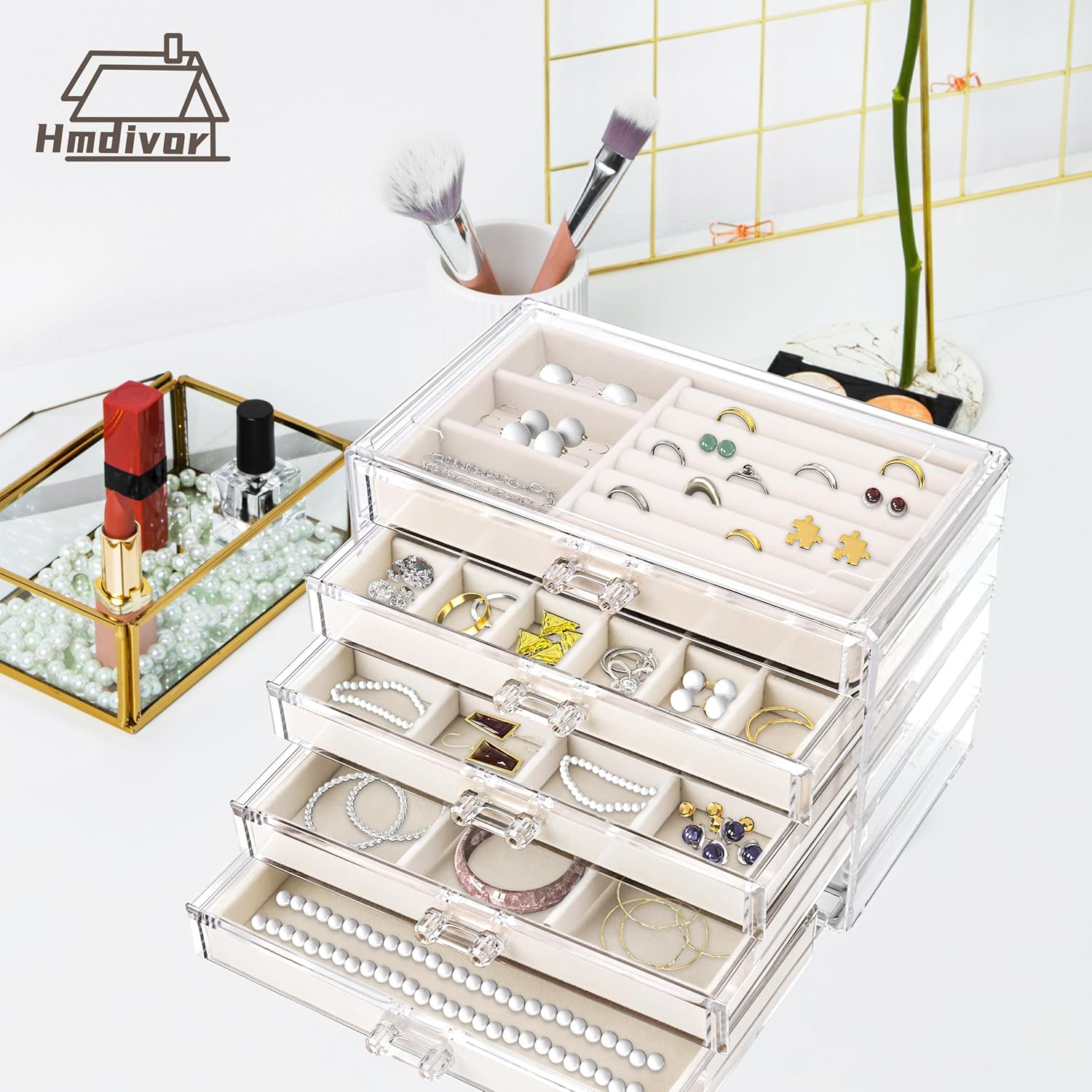 Direct Manufacturer Acrylic Jewelry Organizer with 5 Drawers, Drawer with Velvet Trays, Earring Display for Storage and Gift for Women (Beige) Low MOQ