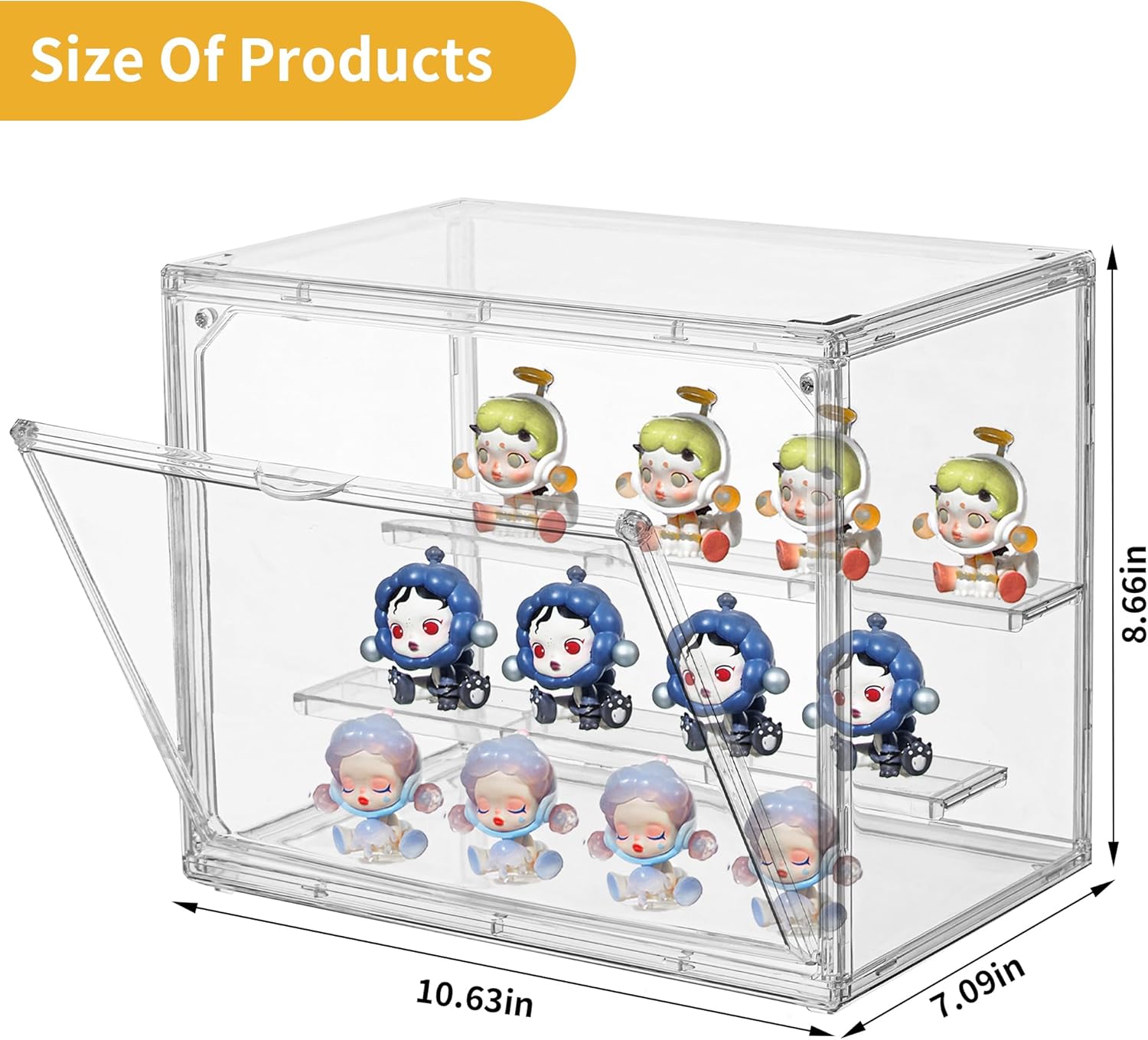 Acrylic Display Case,3 Layer Clear Display Case Adjustable Display Box Stand with 2 Movable Dividers 2 Pack Small Showcase Magnetic Door for Collections Mini Figures