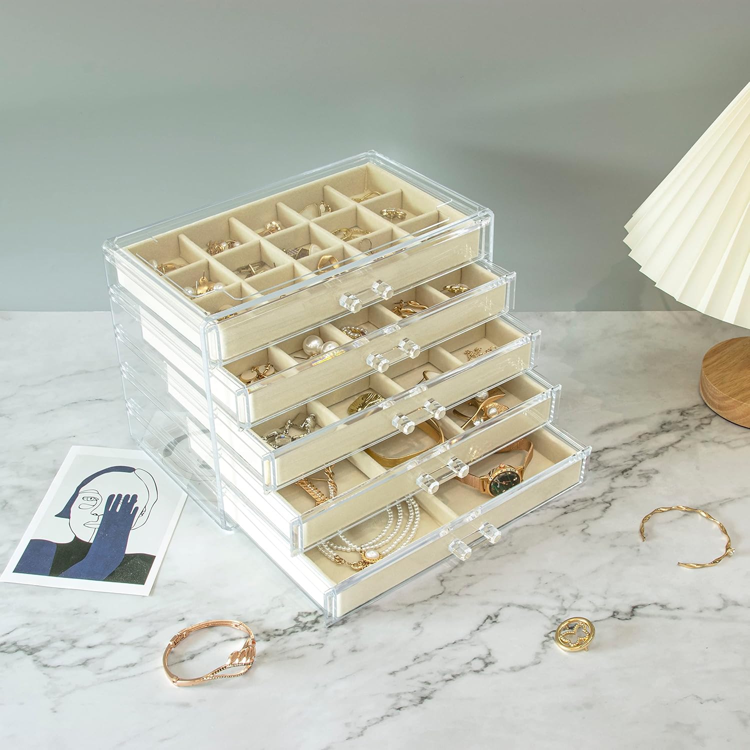 ODM KAMIER Earring Jewelry Organizer with 20 Pcs Portable Jewelry Bag, Clear Acrylic Jewelry Organizer Box for Women with 5 Drawers for Earrings Ring Bracelet Necklace Custom Mold Development