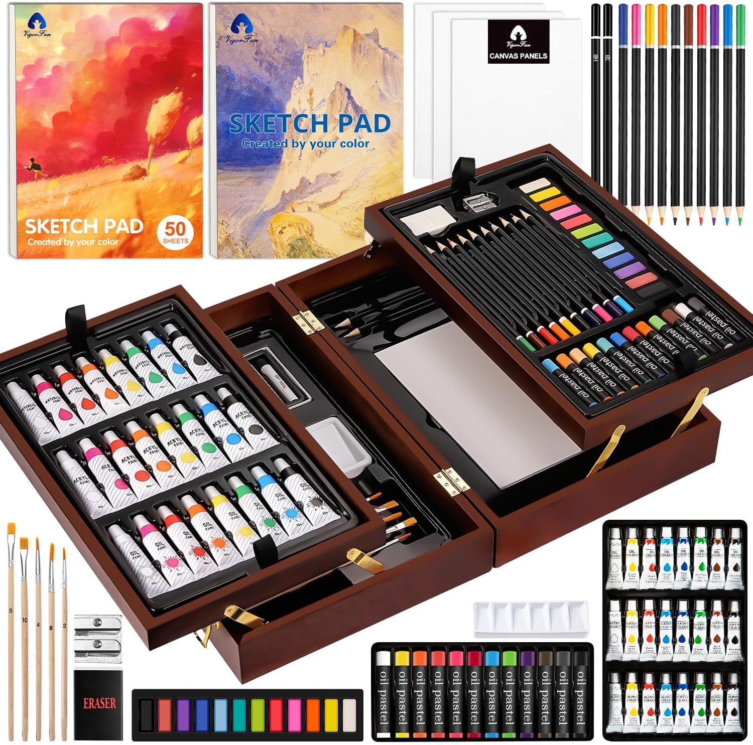 Art Supplies, Vigorfun Deluxe Wooden Art Set Crafts Drawing Painting Kit with 2 Sketch Pads, Oil Pastels, Acrylic, Watercolor Paints, Creative Gifts Box for Adults Artist Kids Teens Girls