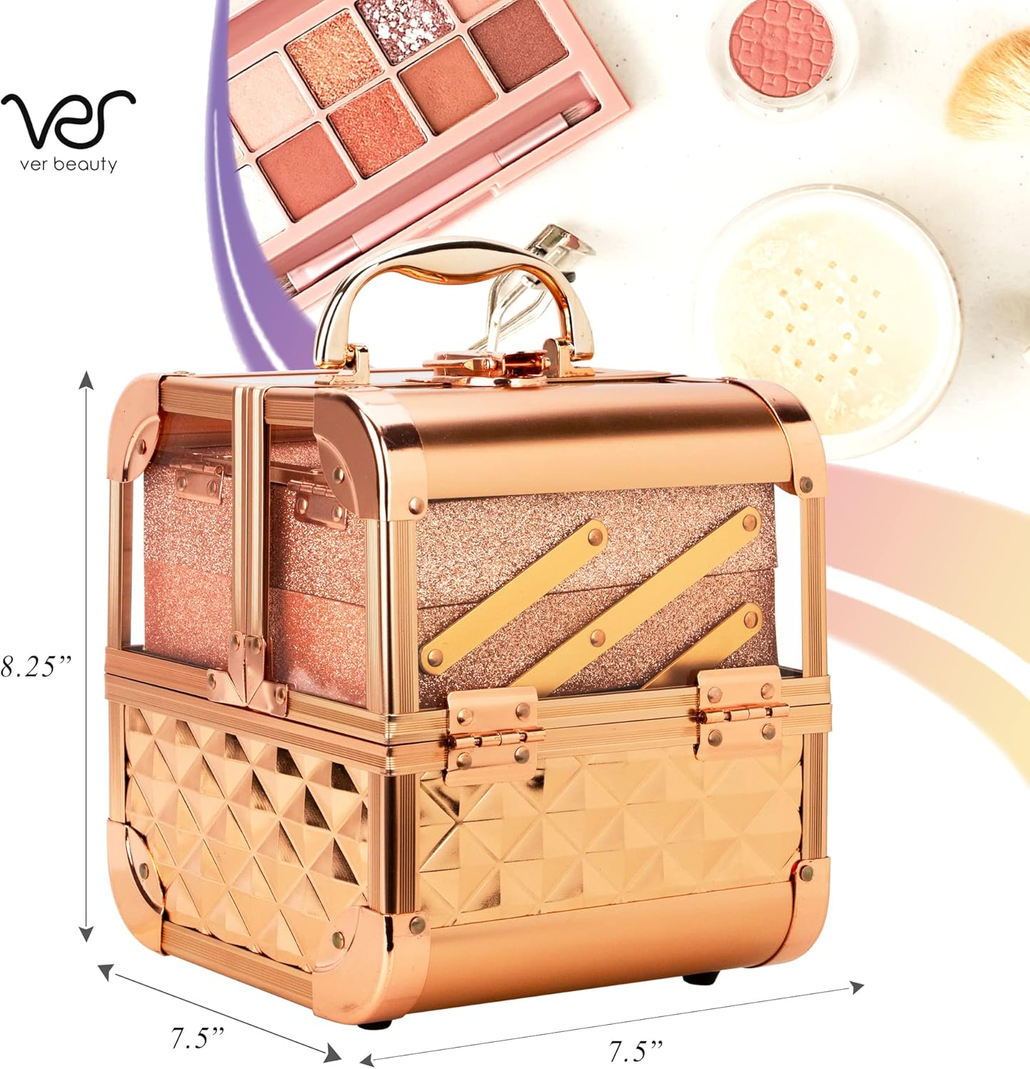 Private Label Ver Beauty Makeup Box Cosmetic Train Case with Clear Armored Acrylic Jewelry Organizer with 2 Tiers Trays and Mirror Lockable Portable Travel Cosmetic Display Aluminum Case (Rose Gold Diamond) Custom Logo Service