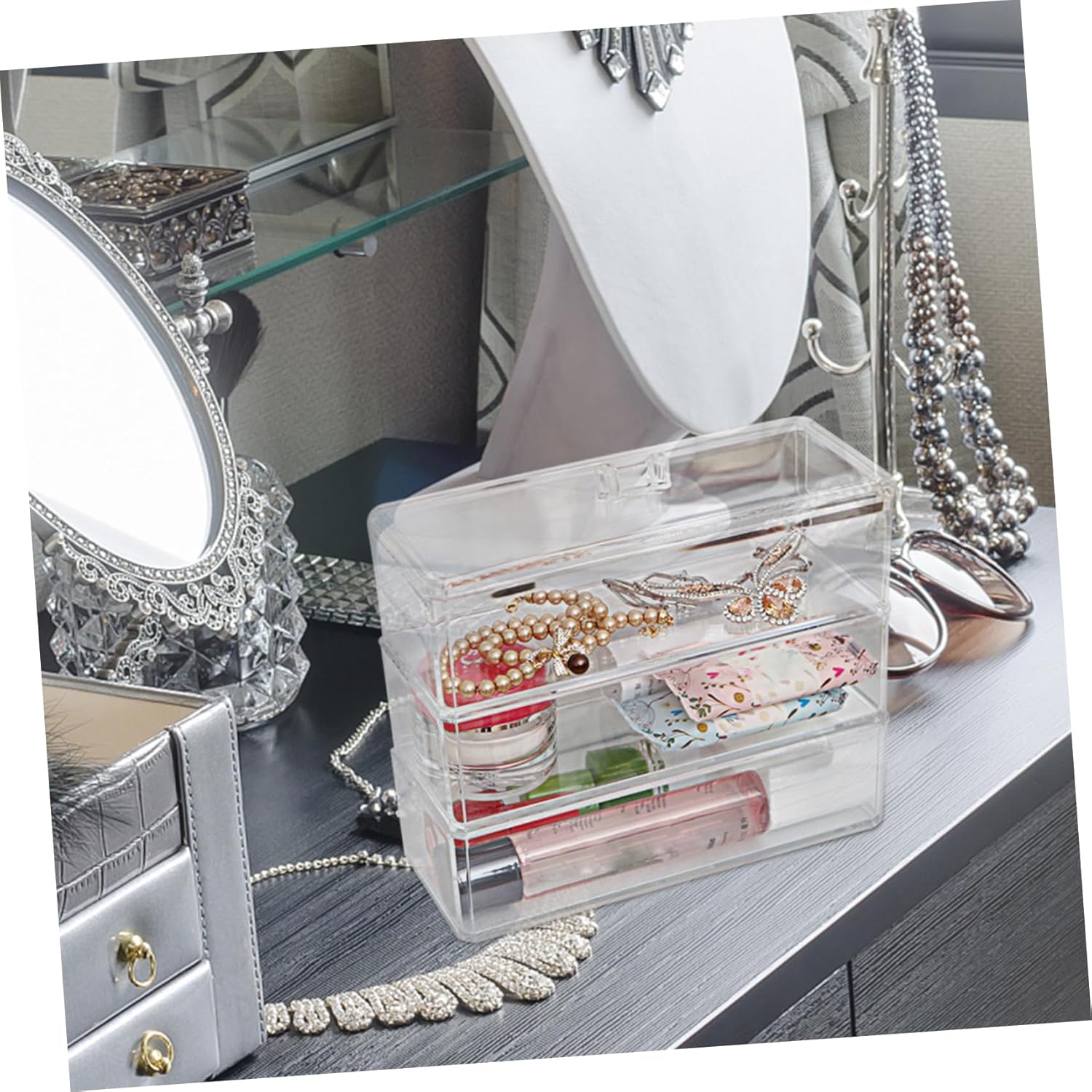Private Label 1Pc Acrylic Makeup Storage Box Multi Function Desktop Organizer with Lid Durable Easy to Clean Sundries Holder for Cosmetics Skincare and Accessories Stylish Space Saving Custom Logo Service