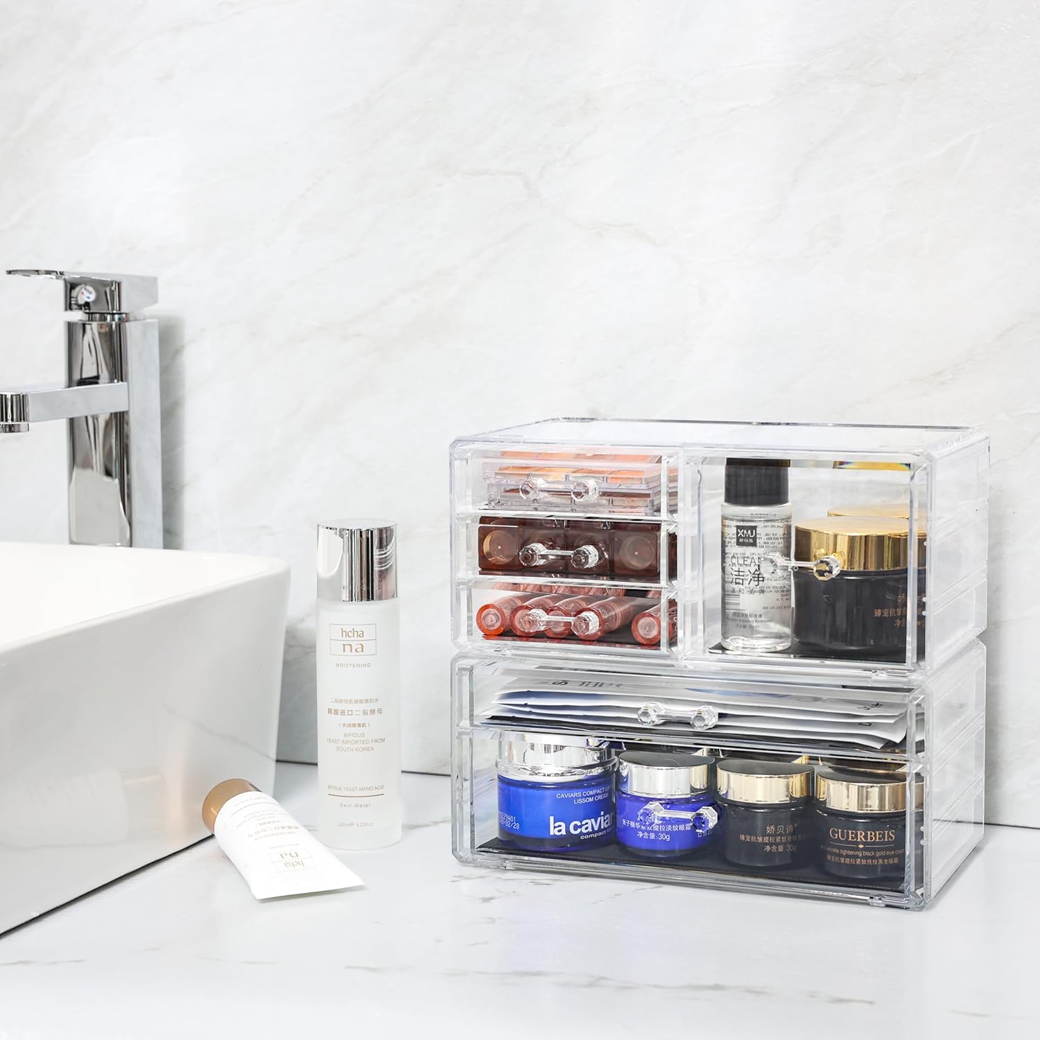 Private Label Cq acrylic 2 Pack Clear Desk Organizer With Drawers,Stackable 6 Drawers Skincare Organizer,Cute Skin Care Organizers for Vanity Hair Clip,Jewelry,Beauty Product Desk and Makeup Organizers Countertop Factory Direct Price