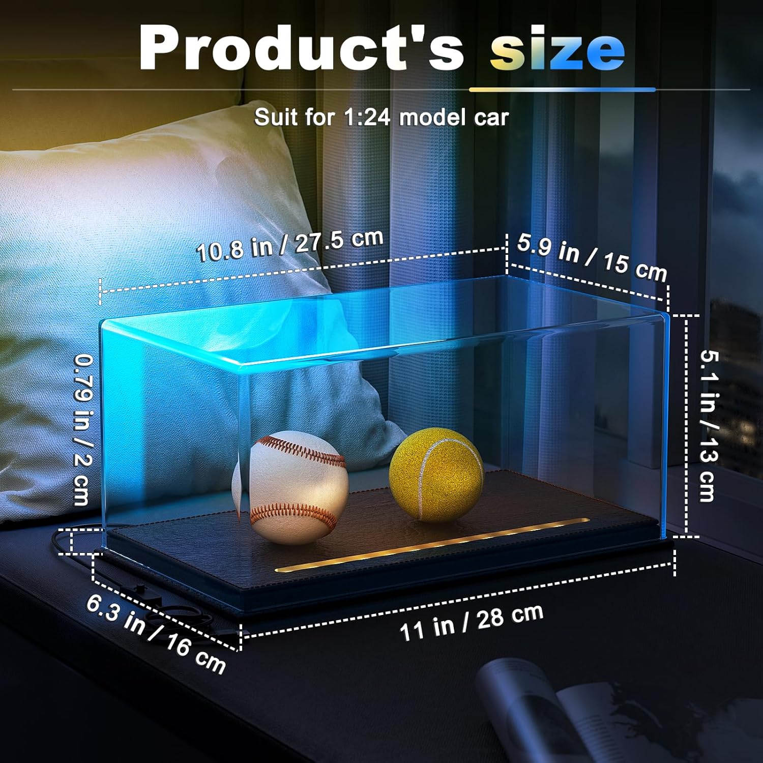 Private Label Lighted Display Case for 1/24 Scale Model Cars , No Assemble Show Case with Lights and Leather Base, Clear Acrylic Display Box for Cars Baseball Tennis Dust Proof UV Protection(11x6x5inch) Ecommerce Ready Product