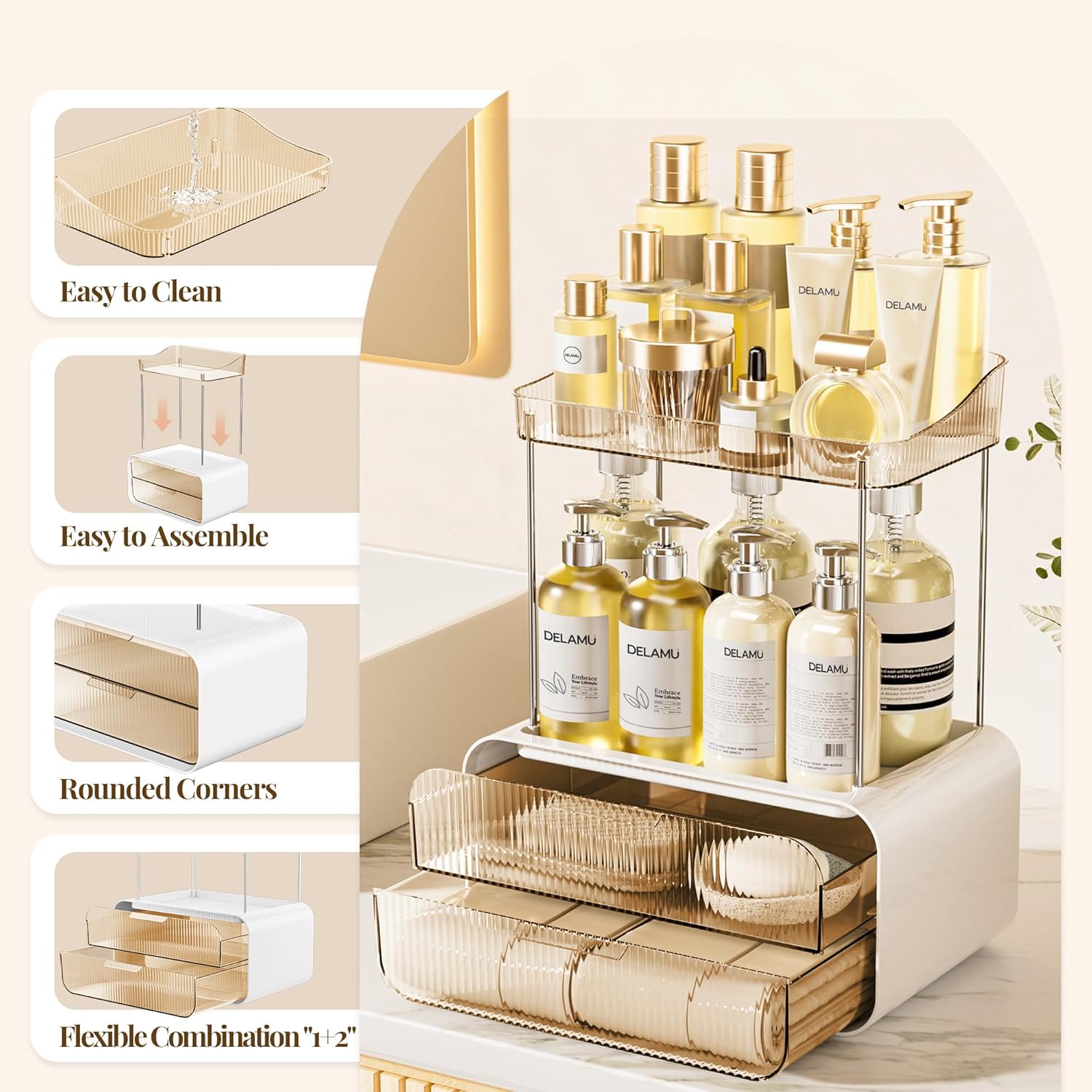 Private Label Delamu Bathroom Counter Organizer 2-Drawers 2-Tier Acrylic Makeup Organizer for Vanity Countertop, Skincare Perfume Storage, Easy Assembly, Ideal Gift for Women, Bath Linen Sets, Amber Custom Logo Service