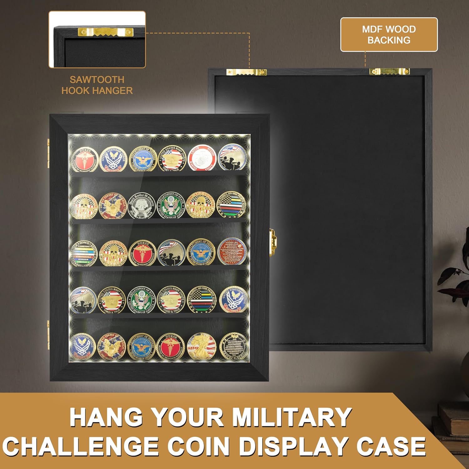 Private Label Military Challenge Coin Display Case with LED 11x14IN, Medal Shadow Box with HD Acrylic Glass, Removable 2 Groove Shelves, Wall Mount Coin Collection Holder for Casino Poker Chips Exquisite Souvenirs Ecommerce Ready Product