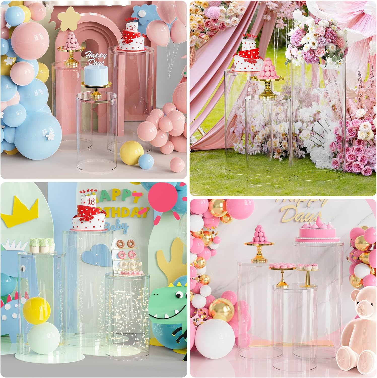 Private Label Putros Cylinder Pedestal Stands 3Pcs Clear Round Cylinder Pedestal Display Plinth Pillars for Wedding Party Decor 35.4''(L),29.5''(M),23.6''(S) OEM Wholesale Manufacturer