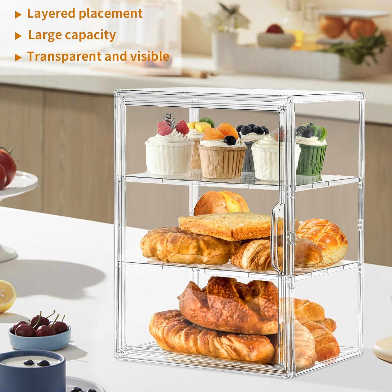 Wholesale OEM ODM Bakery Pastry Display Case 3 Layer Large Clear Bread Box For Kitchen Countertop Bread Storage For Homemade Bread, 10.6" L x 8.7" W x 14.2" H, 1 Pack Factory & Supplier