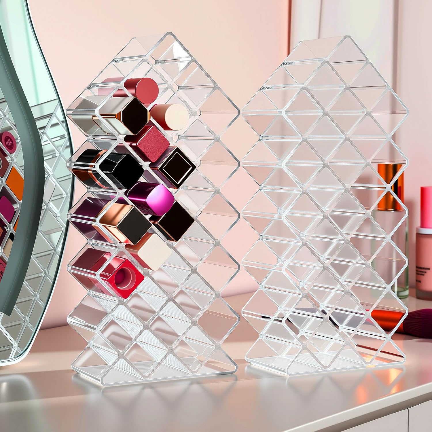Private Label Hoolerry 4 Pack Acrylic Lipstick Holder Organizer 112 Slots Clear Lip Gloss Holder Organizers Stackable Fish Shape Lipsticks Tower Lipstick Case Display Stand Storage Box for Makeup Cosmetic Vanity Custom Logo Service