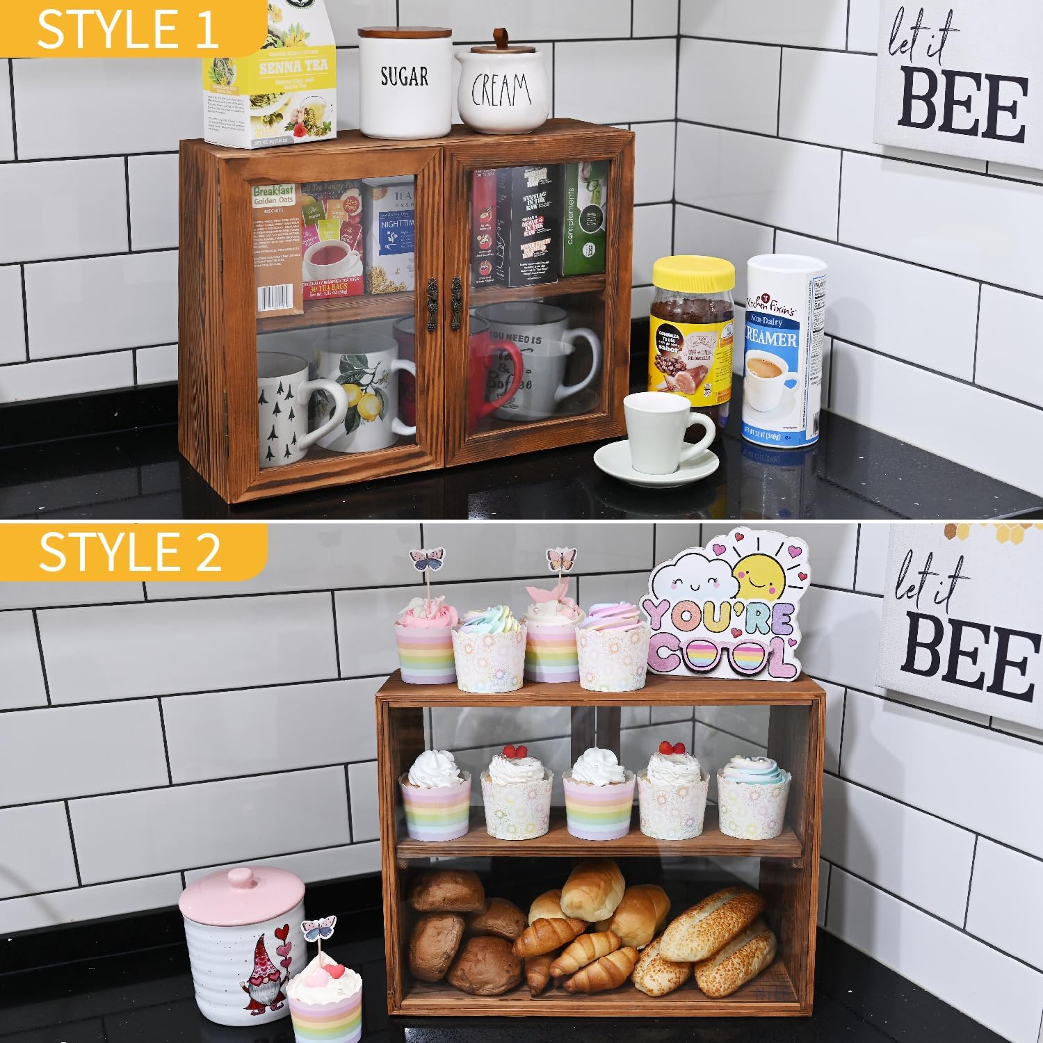 Wholesale OEM ODM MOOCA Tempered-Glass Wood Display Case with Double Doors, Adjustable 2-level Collection Display Case for Mini Funko Pop Figures, Bakery Pastry Container, Jewelry Organizer Storage, Brown Color Factory & Supplier