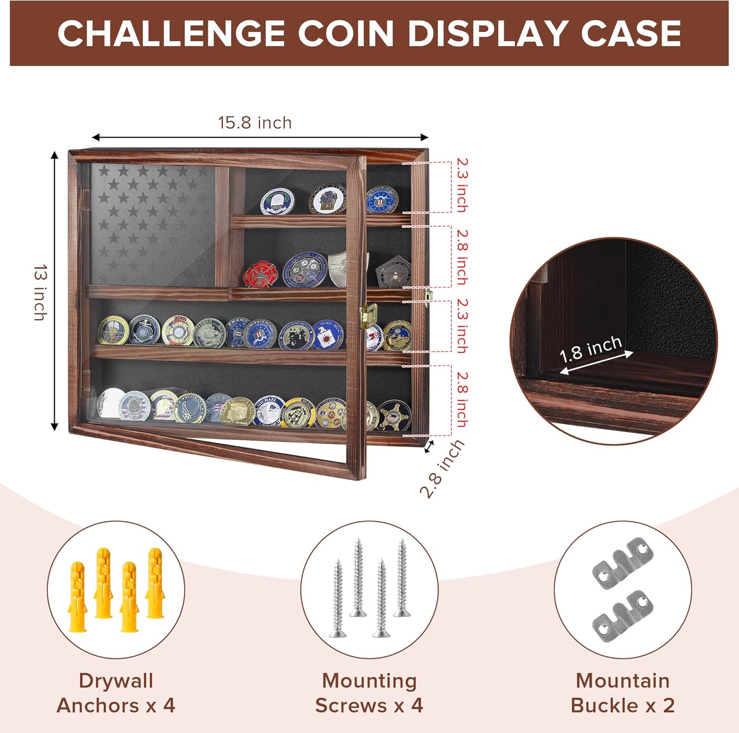 Private Label Challenge Coin Display Case, Lockable Military Coin Holder Cabinet with Removable Star Board and Anti-Fade Acrylic Door, Solid Wood Wall Mount Coins Collection Rack Stand Custom Mold Development