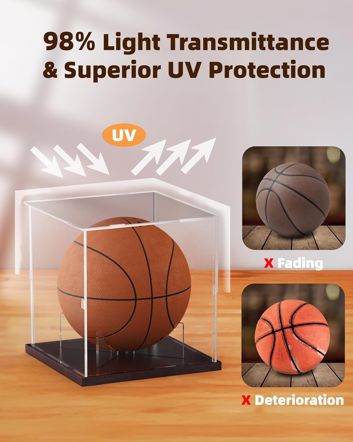 ODM Basketball Display Case Acrylic Clear, UV Protected Basketball Stand Box Full Size with Solid Wood Base, Soccer Display for Autographed Standard NBA WNBA Ball Memorabilia Keepsake, Ideal Gift Custom Logo Service