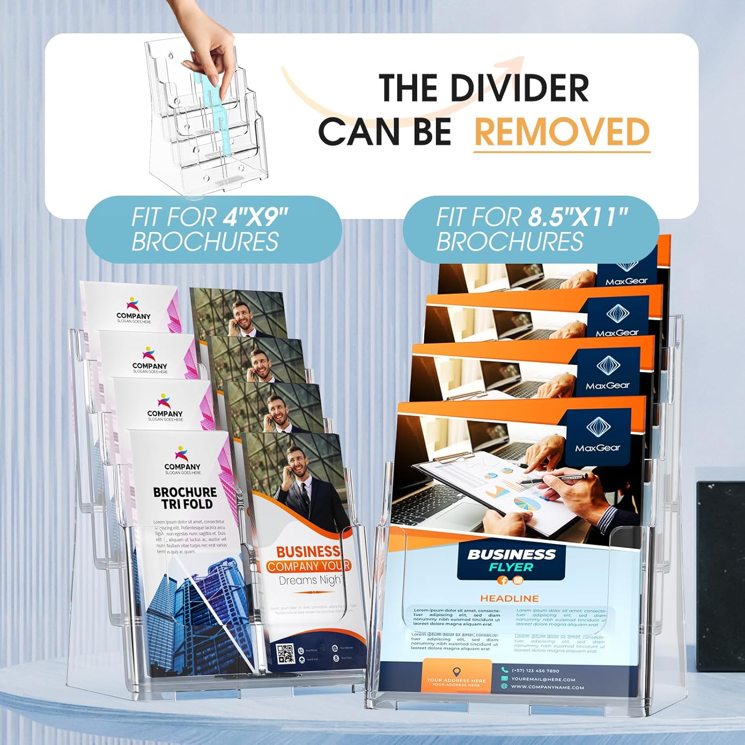 Wholesale MaxGear Acrylic Brochure Holder 8.5 x 11 inch, 4 Tier Clear Literature Organizer Magazine Stand Display with Removable Divider for 4 x 9 inch Brochures, Pamphlet, Wall Mount or Countertop, 1 Pack China Factory Bulk Supply