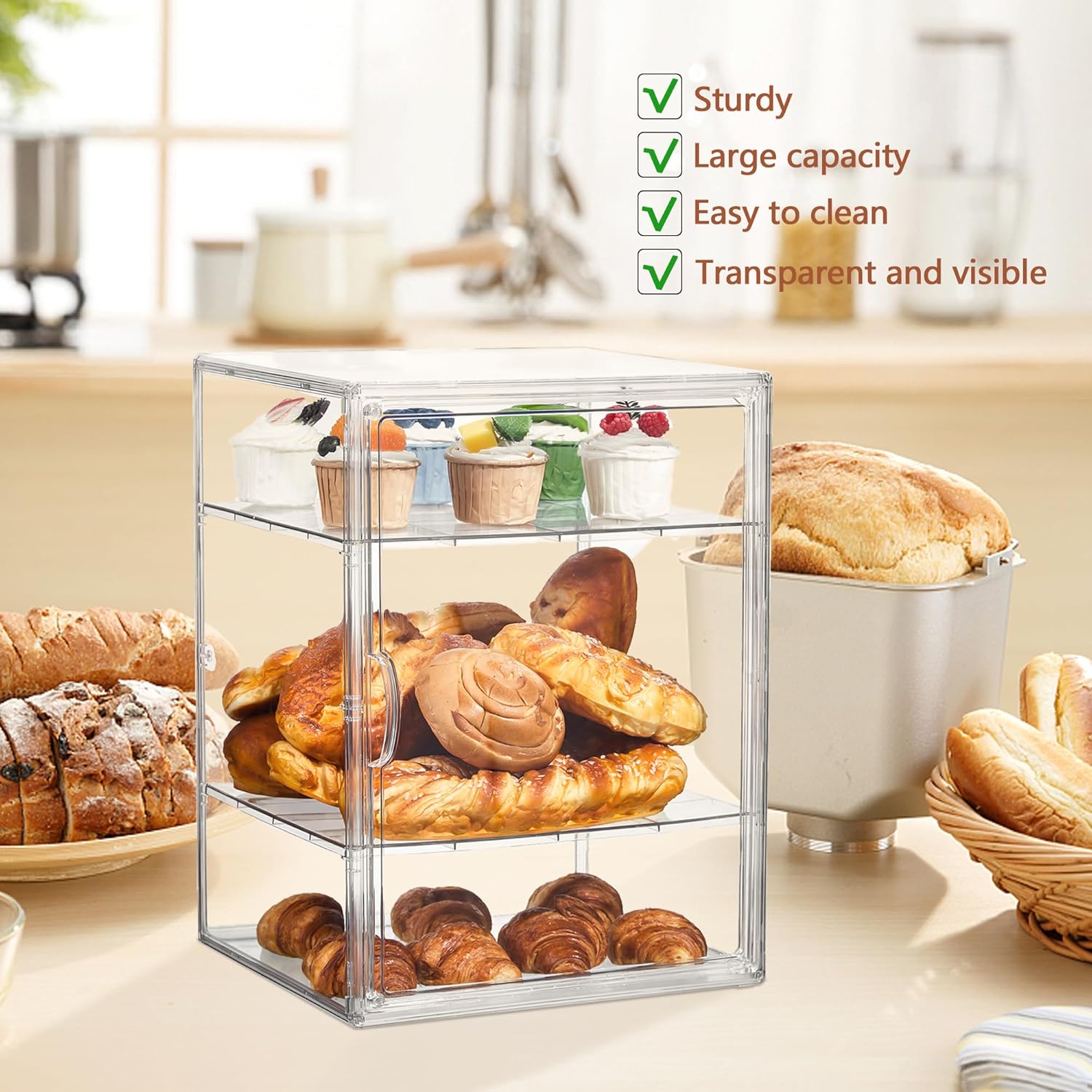 Wholesale OEM ODM Pastry Display Case,Bread Box for Kitchen Countertop,4 Layers Adjustable Clear Bread Storage with Magnetic Door Bakery Pastry Display15.5x11.4x9.8inch，1 Pack Factory & Supplier