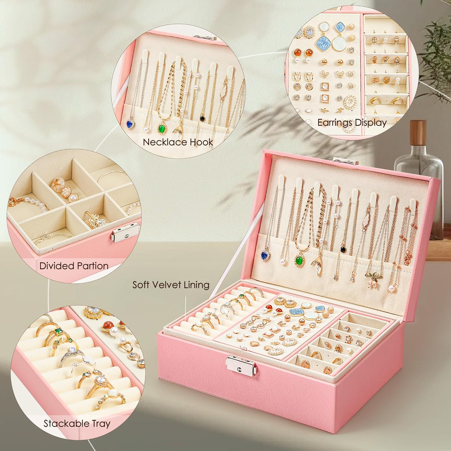 Direct Manufacturer DreamGenius Jewelry Box for Women with Security Latch, 2-Layer Jewelry Organizer with Removable Tray for Necklaces and Earrings Holder Organizer, Pink Low MOQ