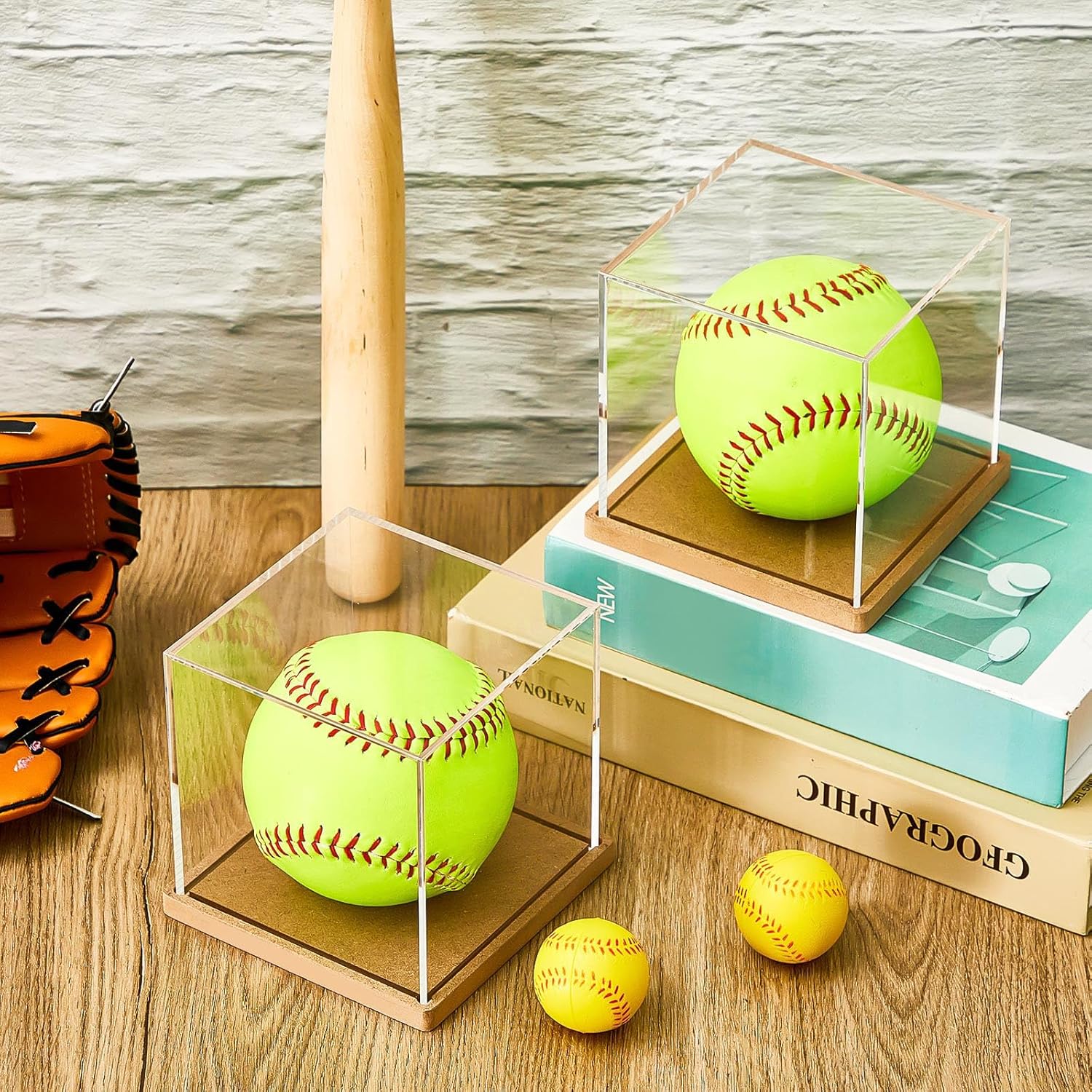 ODM 2 Pieces Softball Display Case Plastic Softball Holder Baseball Display Case Memorabilia Acrylic Display Cube Clear Ball Holder for Baseball, Sport Ball, Golf Ball, Tennis Ball Storage Custom Logo Service