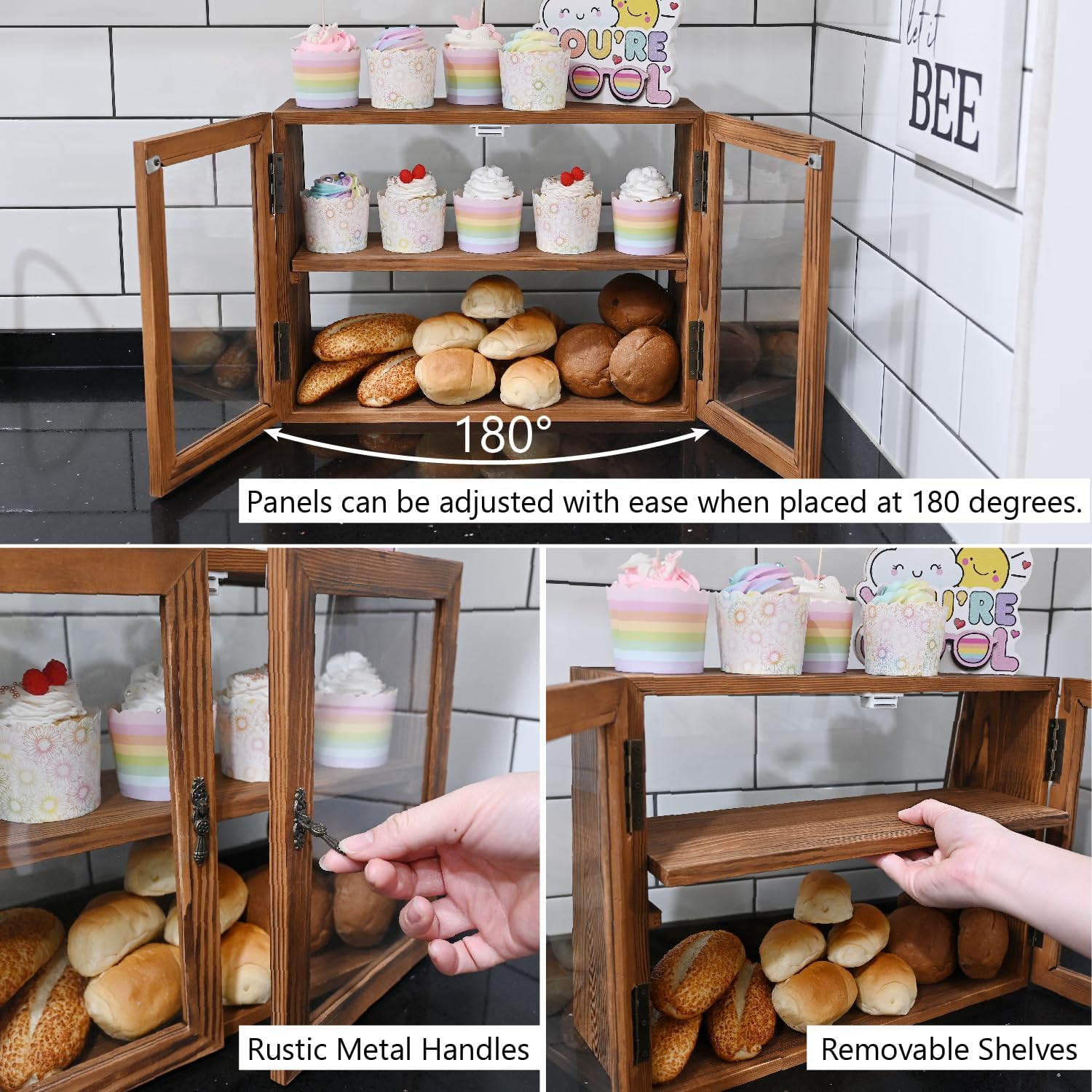 Wholesale OEM ODM MOOCA Tempered-Glass Wood Display Case with Double Doors, Adjustable 2-level Collection Display Case for Mini Funko Pop Figures, Bakery Pastry Container, Jewelry Organizer Storage, Brown Color Factory & Supplier