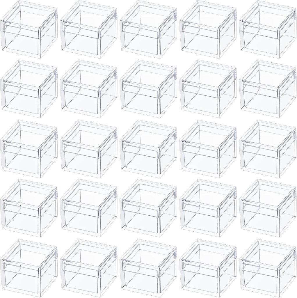 Acrylic Box with Lid, Jewelry Box 50 Pack Small Square Acrylic Container Tiny Plastic Square Cube Containers with Lid Min Storage Box 1x1x0.8 Inch/25X25X20mm for Candy Pill and Tiny Jewelry