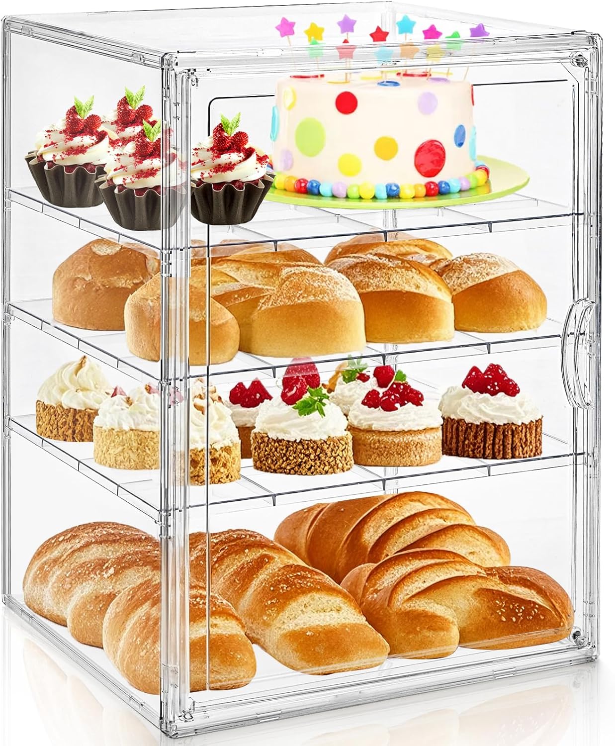 14" Clear Bread Box, 4 Tier Bakery Display Case, Bread Holder for Kitchen Counter, Pastry Bread Storage Organizer with Magnetic Door for Homemade Bread, Bagel, Muffins, Cupcake, Collectible